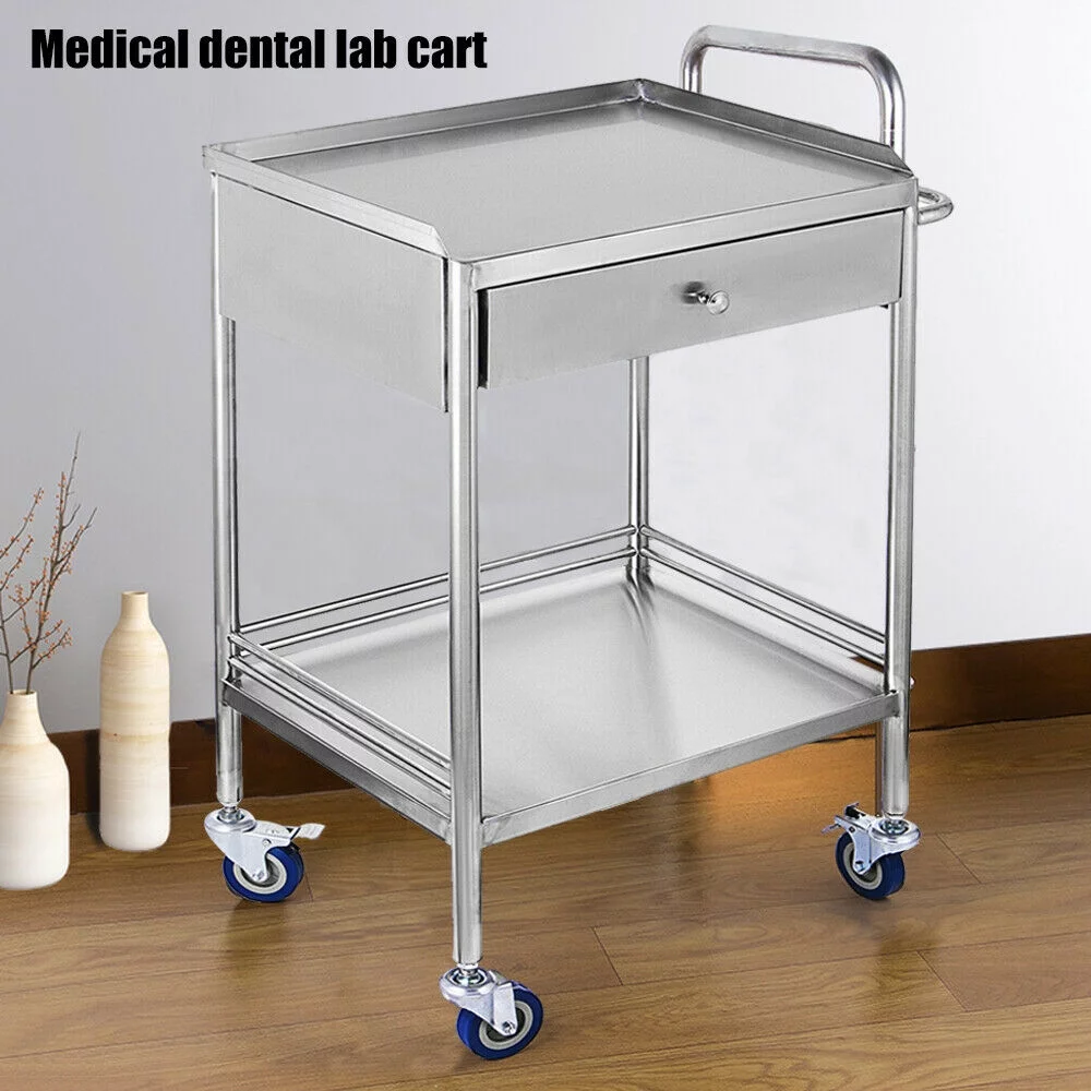 Lab Cart Mobile Trolley Serving Equipment 2 Tier Cart Storage Carts Stand Silver Medical Trolley Mobile Rolling Cart 2 tiers Stainless Steel Dental Lab Salon Stainless Steel Lab Cart Mobile Trolley