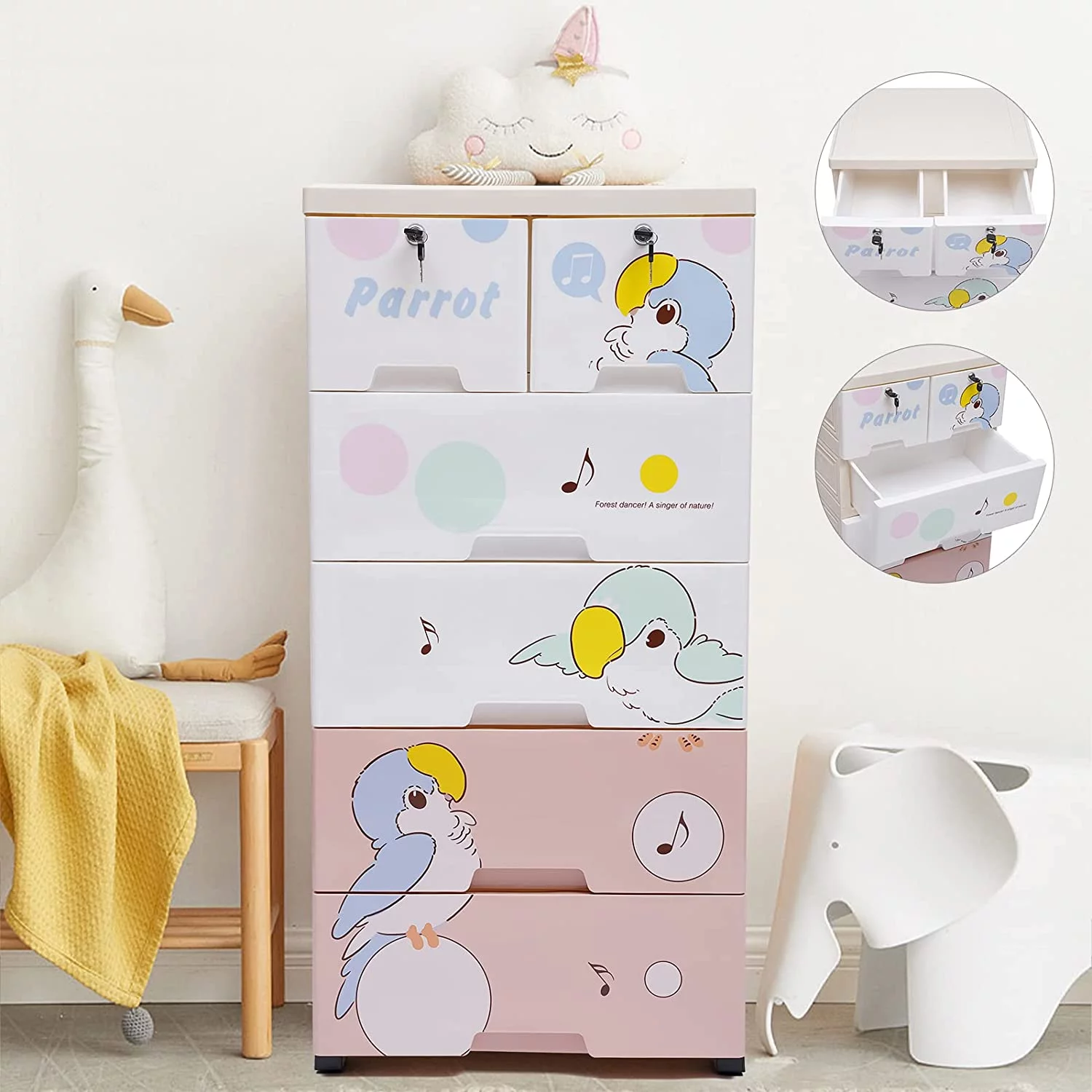 MQLIFEBOOM Plastic Dresser Drawer 5 Layers of 6 Drawers Plastic  Cabinet Plastic Dresser Cartoon Used for Storing Clothes Towels Bedroom Living RoomB aby Room Toys Snacks