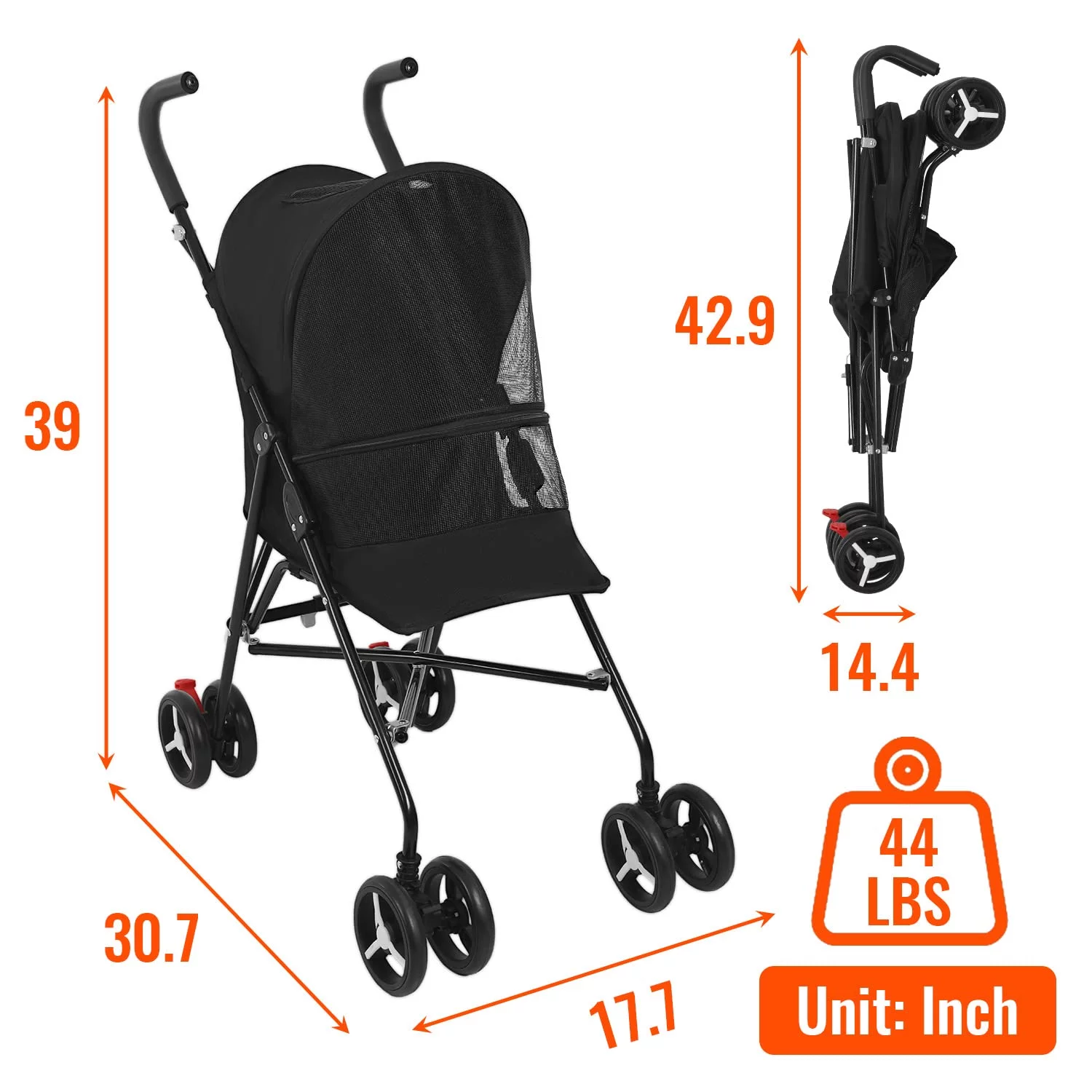 Dkelincs 4 Wheels Foldable Pet Stroller Dog Cat Stroller with Handlebars Breathable Mesh & Leash Seat Belt, Black