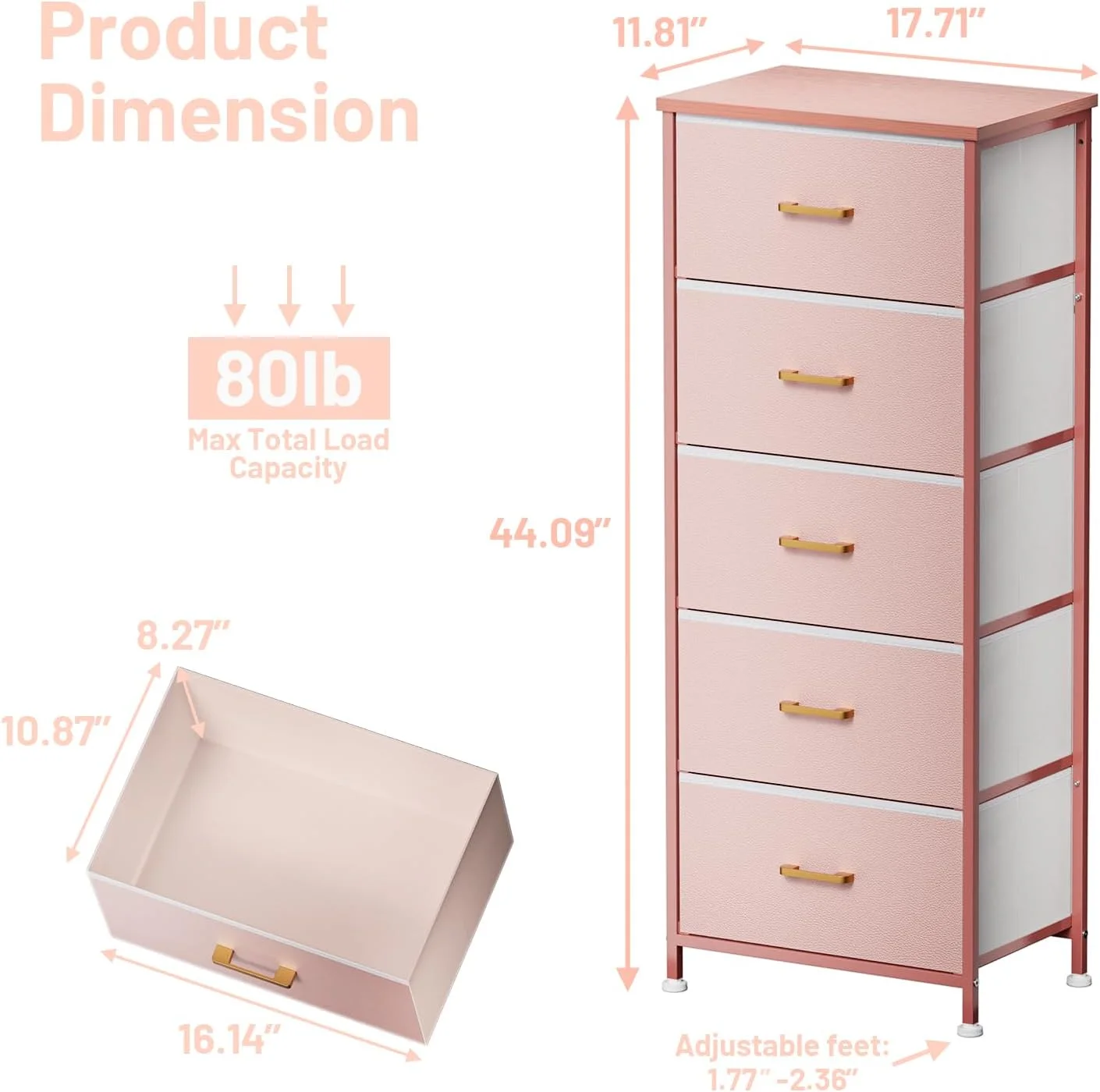 Dresser for Bedroom with 5 Drawers, Tall Storage Tower Dresser for Closet, Living Room, Nursery, Pink Dresser for Kids Girl with Sturdy Steel Frame, Fabric Bins, Leather Finish, Wood Top, Pink