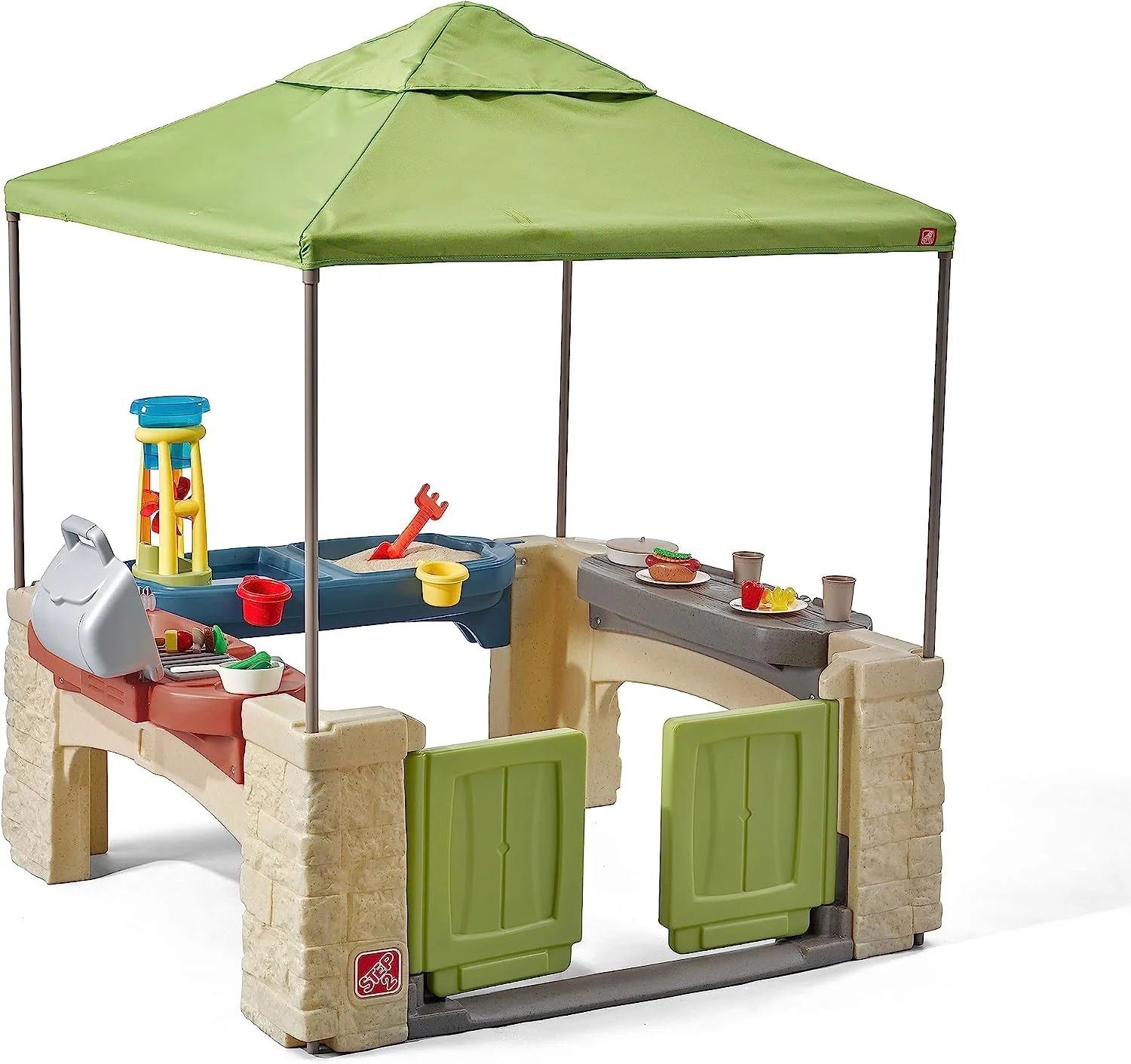 OUWI All Around Playtime Patio with Canopy, Kid Indoor and Outdoor Kitchen Playset, Sensory Playhouse, Kids Ages 2+ years old, Easy Assembly, Green