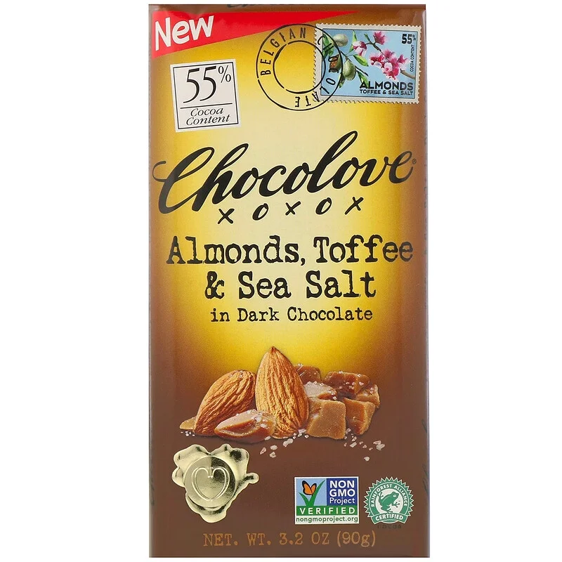 Chocolove, Almonds, Toffee & Sea Salt in Dark Chocolate, 55% Cocoa, 3.2 oz