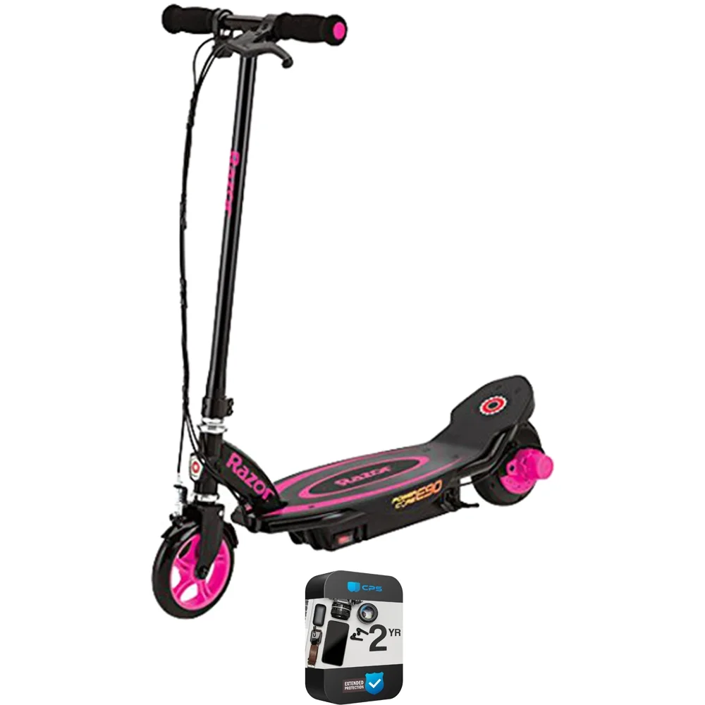 Razor 13111463 E90 Power Core Electric Scooter, Pink Bundle with 2 YR CPS Enhanced Protection Pack