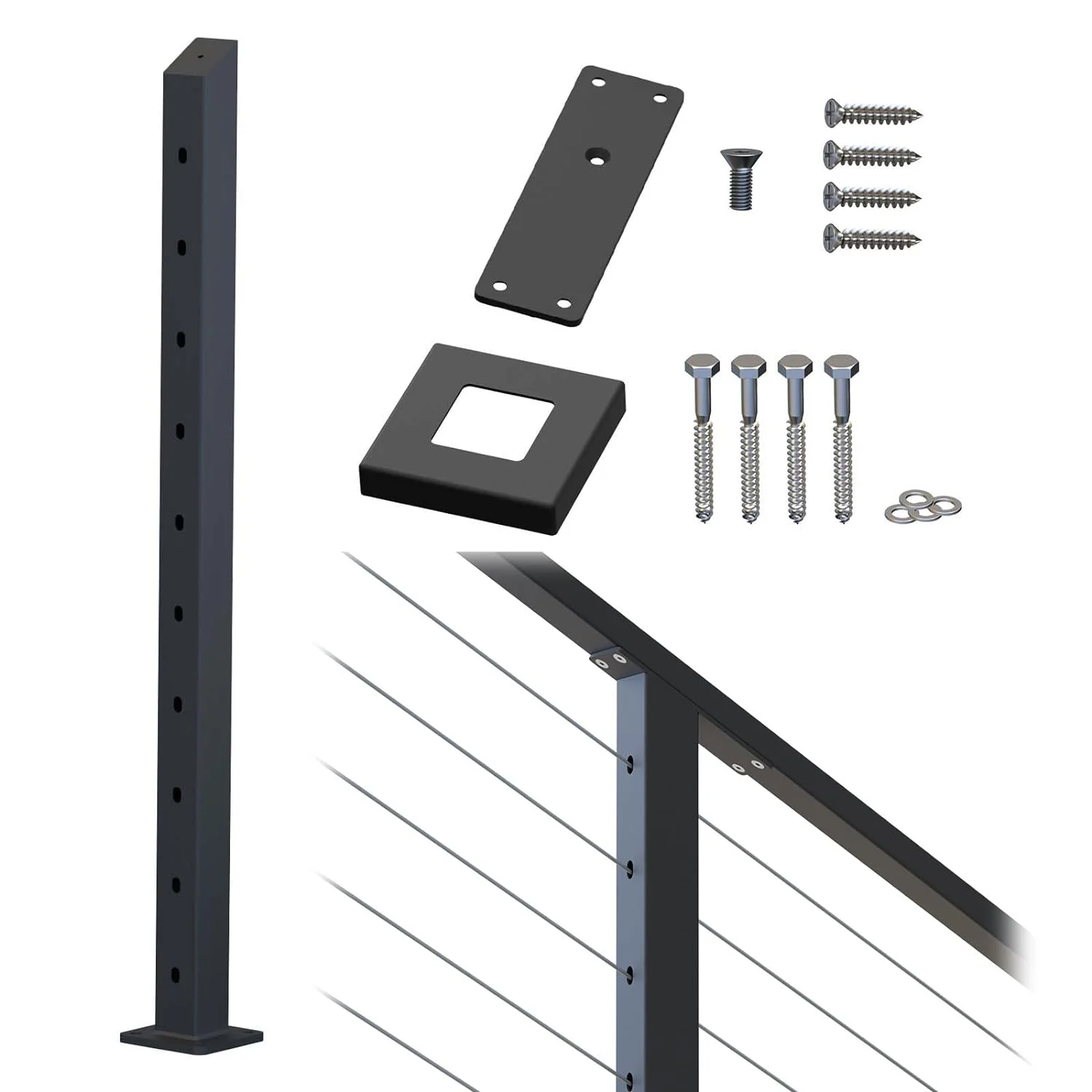 OUWI Cable Railing Post 36”x2”x2” Steel Square Intermediate Post in 33 Degree, Pre-Drilled 10 Pairs of Hole with Flat Top Connector Black Powder Finishing Surface for Wood/Concrete Stair Deck