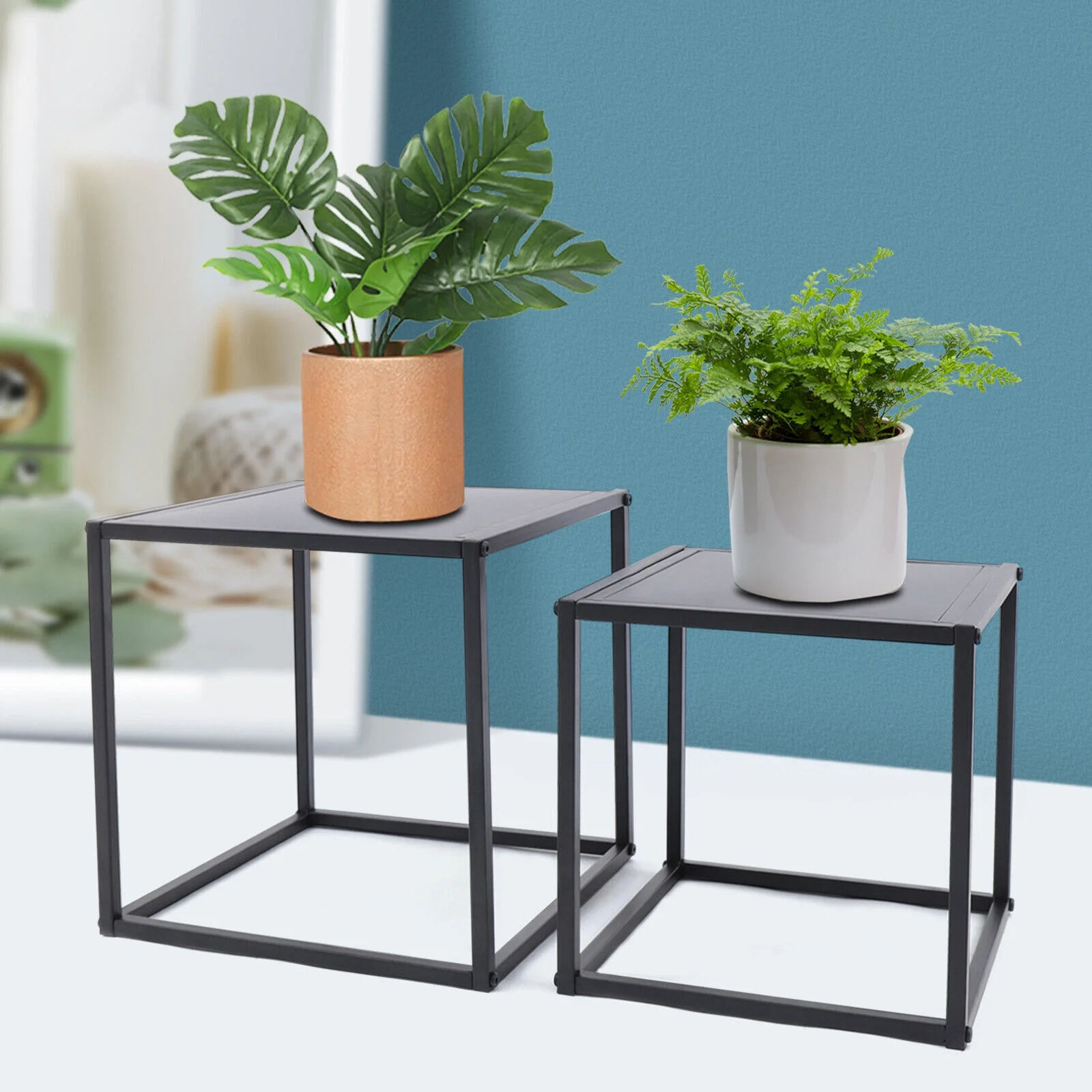 Miumaeov 2pcs Modern End Side Table Metal Coffee Table Square Tray Stand Bedroom Nightstand Black