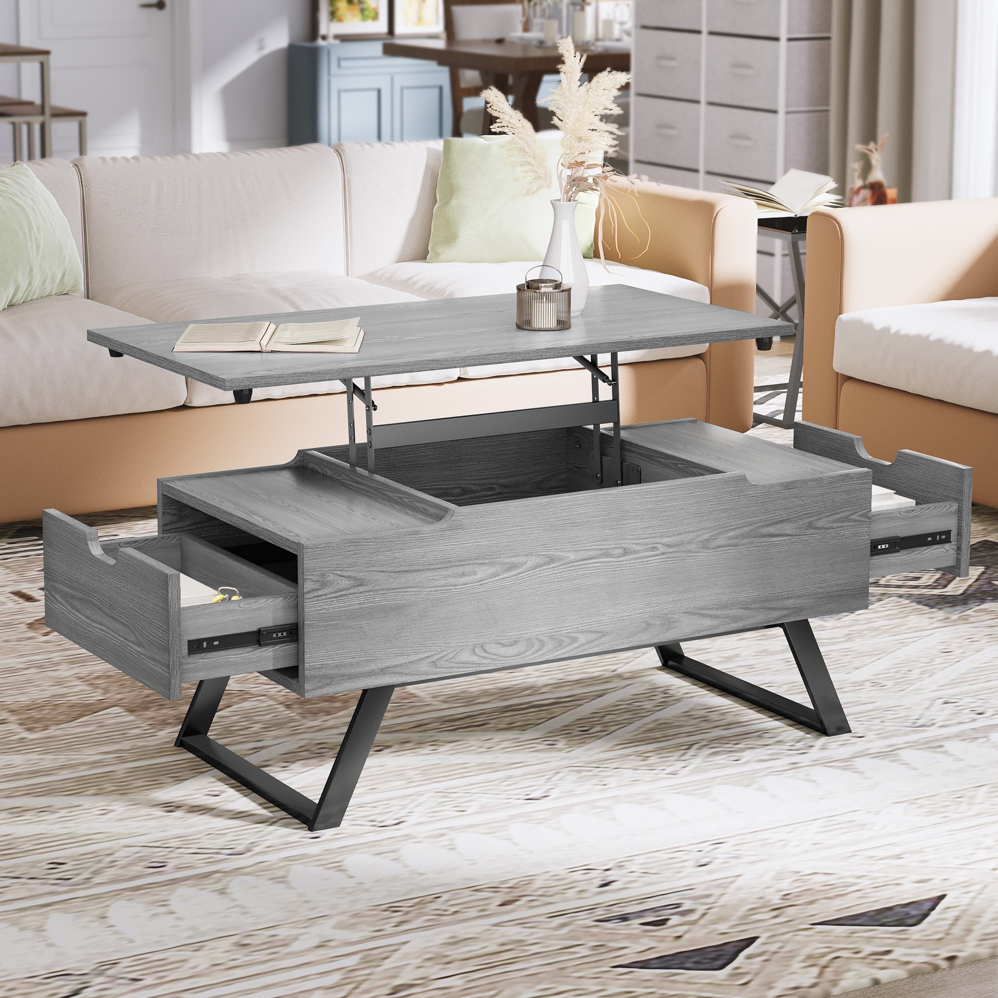 Dextrus Wood Lift Top Coffee Table with Drawers, Gray