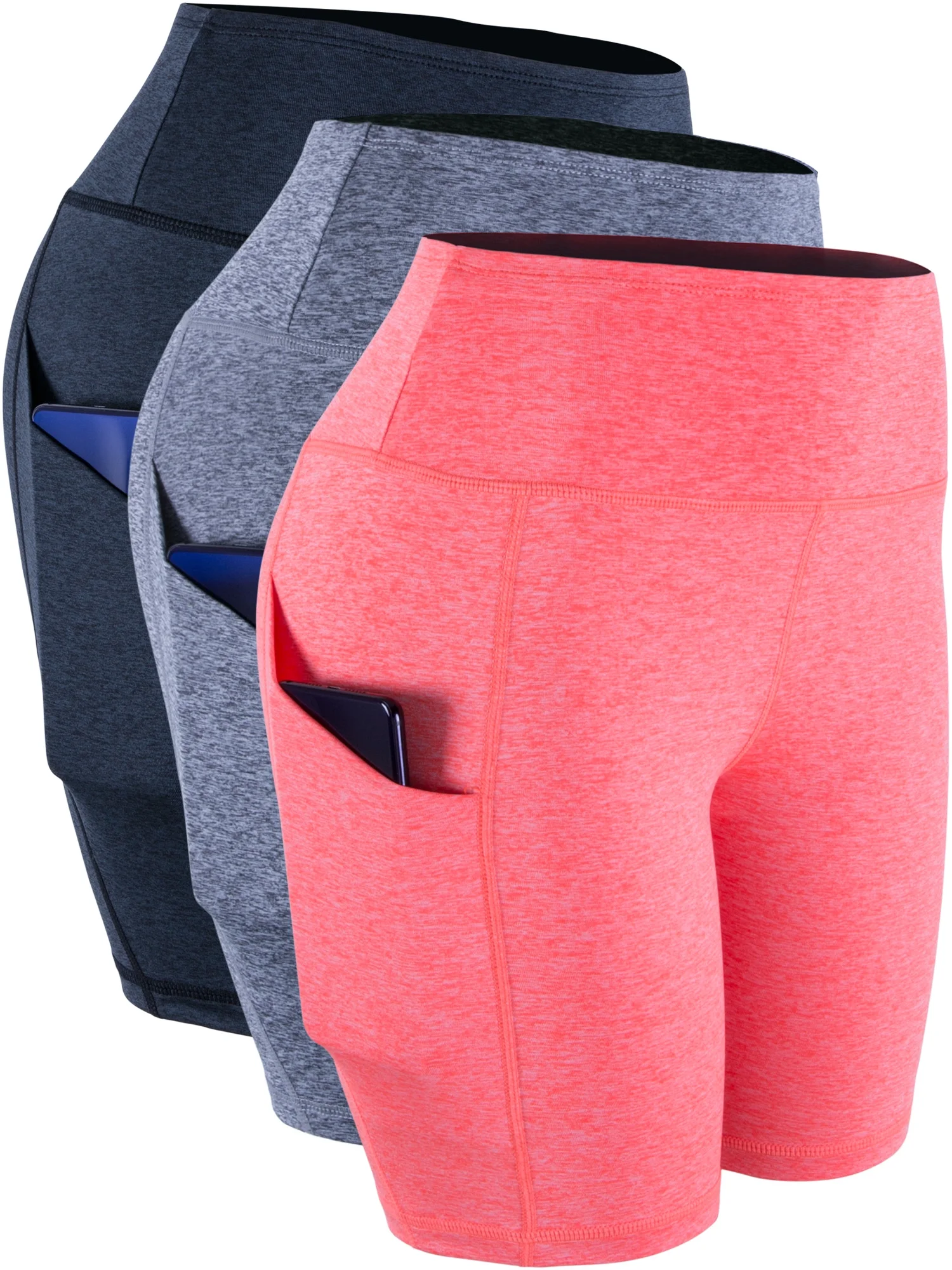 NELEUS Womens High Waisted Compression Bike Shorts Workout Running Shorts with Pockets,Dark Gray+Gray+Orange,US Size L
