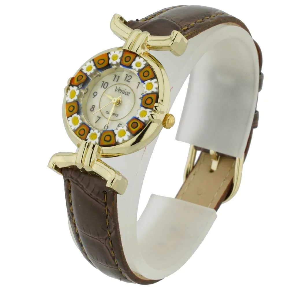 GlassOfVenice Murano Glass Millefiori Watch with Leather Band - Brown