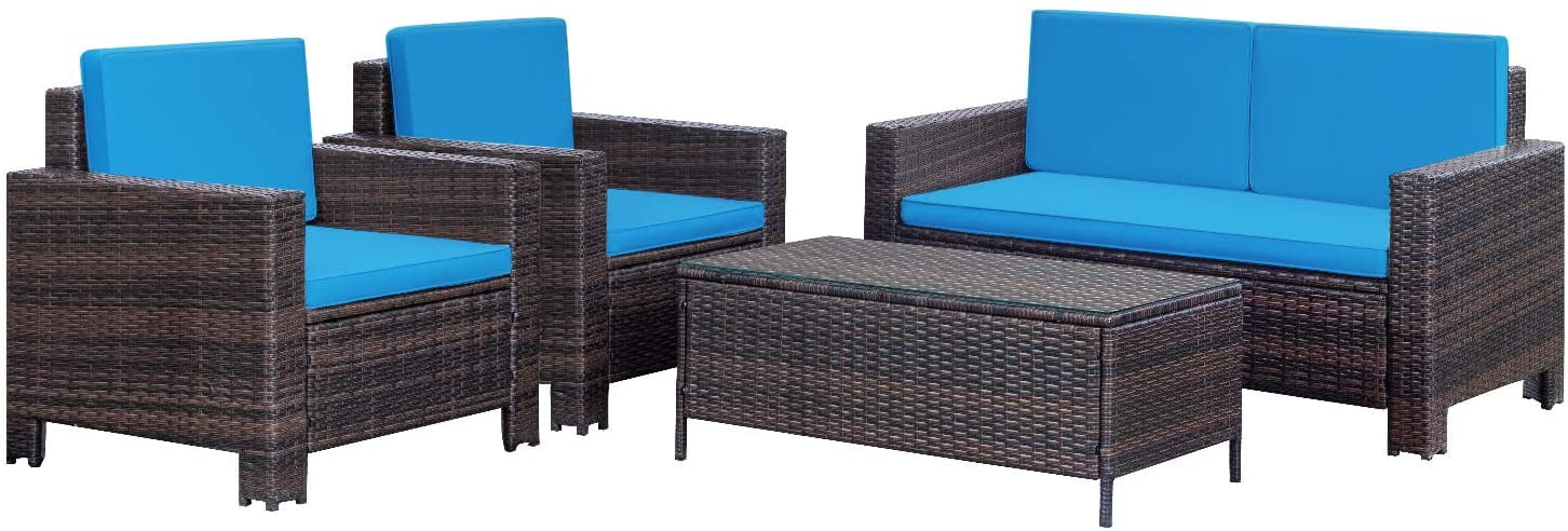 Vineego 4-Piece Wicker Outdoor Patio Conversation Set with Cushions, Brown/Blue