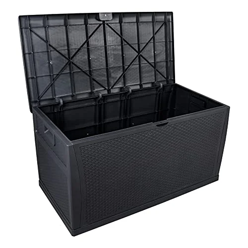 120 Gallon Deck Box, Large Patio Resin Waterproof Black Outdoor Storage Box Outdoor Container for Patio Cushions, Outdoor Furniture, Garden Tools and Pool Toys (Black)