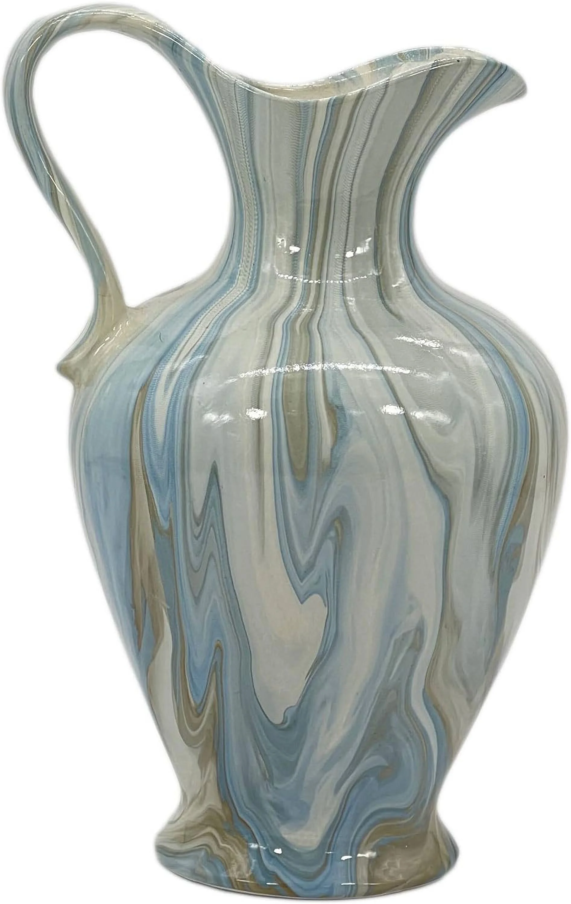 Porcealin Ceramic Blue & White Marble Glazed Pattern Home Decor Pitcher Vase With Handle 12