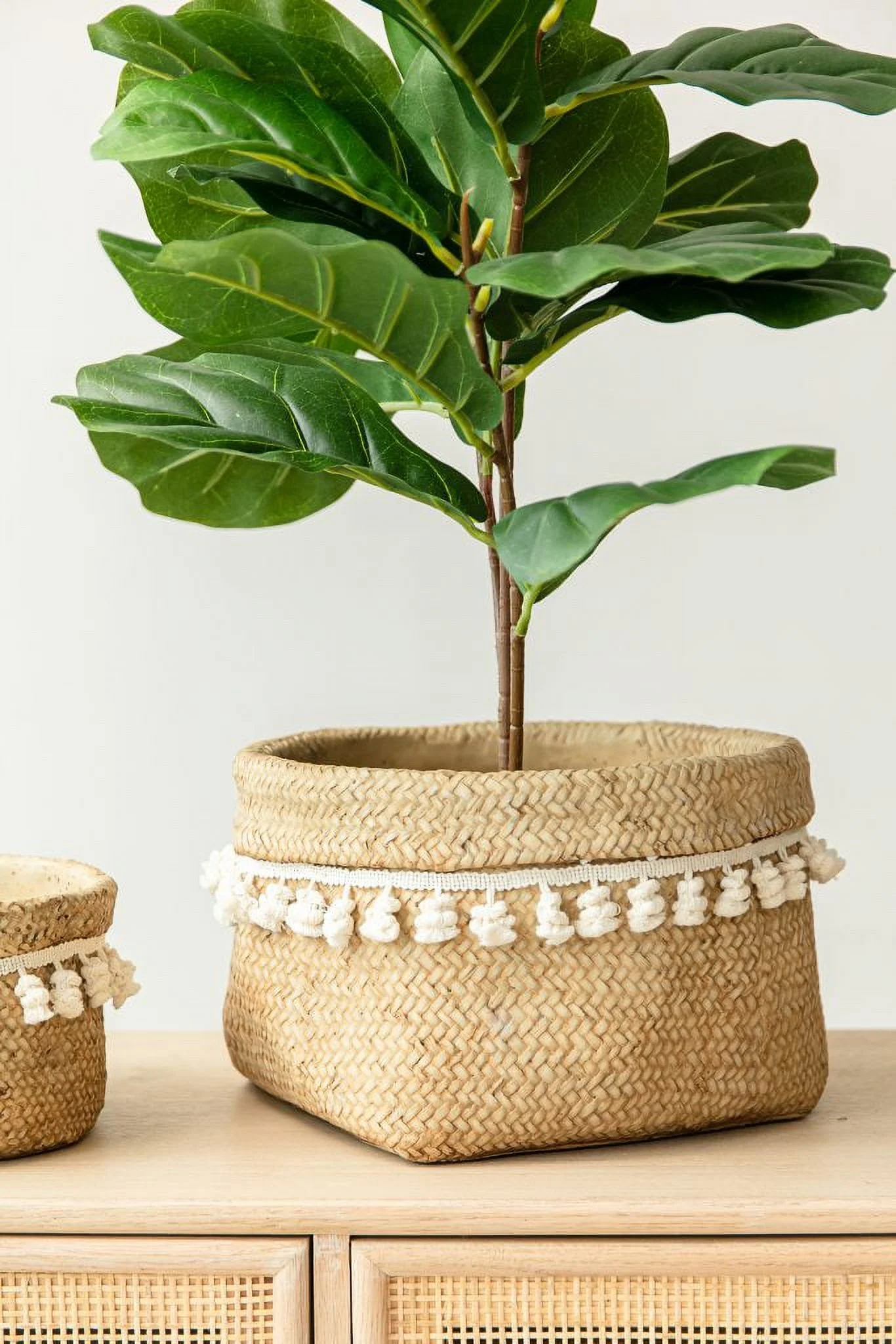 CC Home Furnishings Rustic Round Basket Planters with Tassel - 12.25