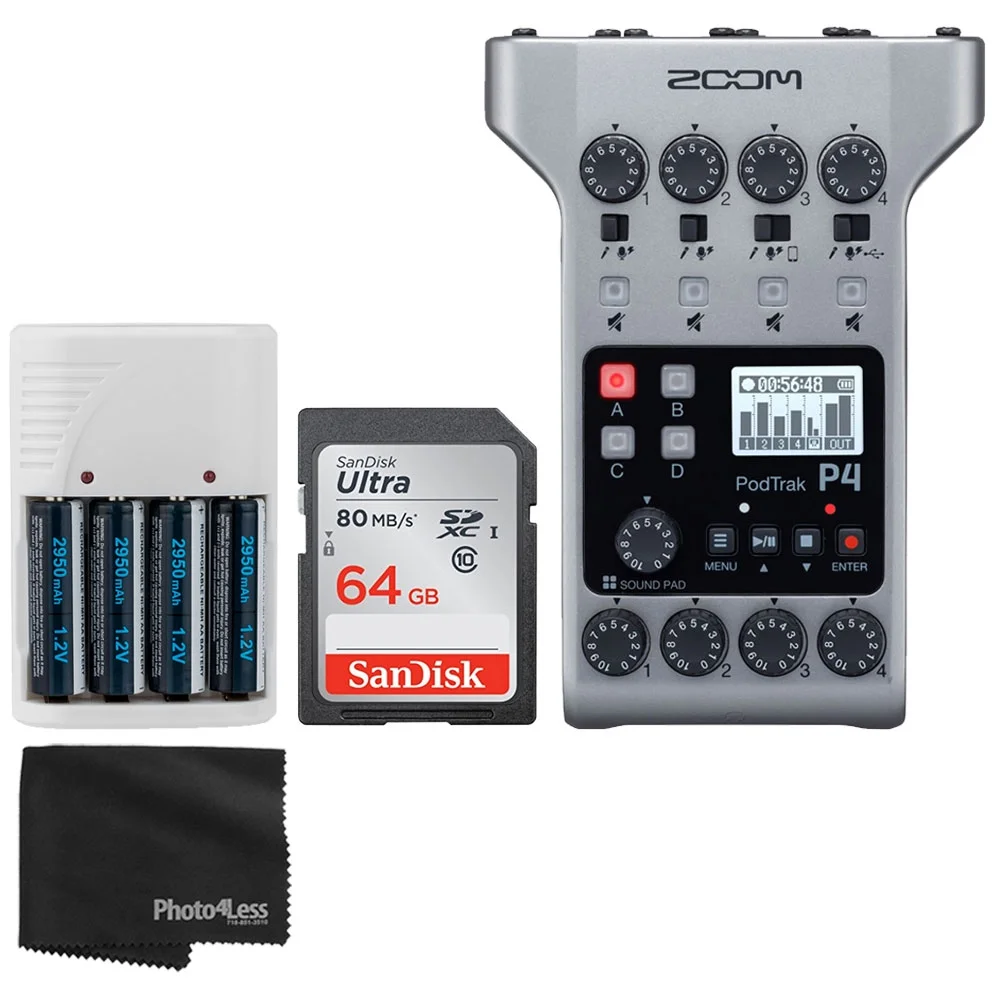 Zoom PodTrak P4 Portable Multitrack Podcast Recorder + 64GB Ultra SDXC Memory Card + 4x AA Batteries & Charger + Cleaning Cloth – Ultimate Podcasting Bundle