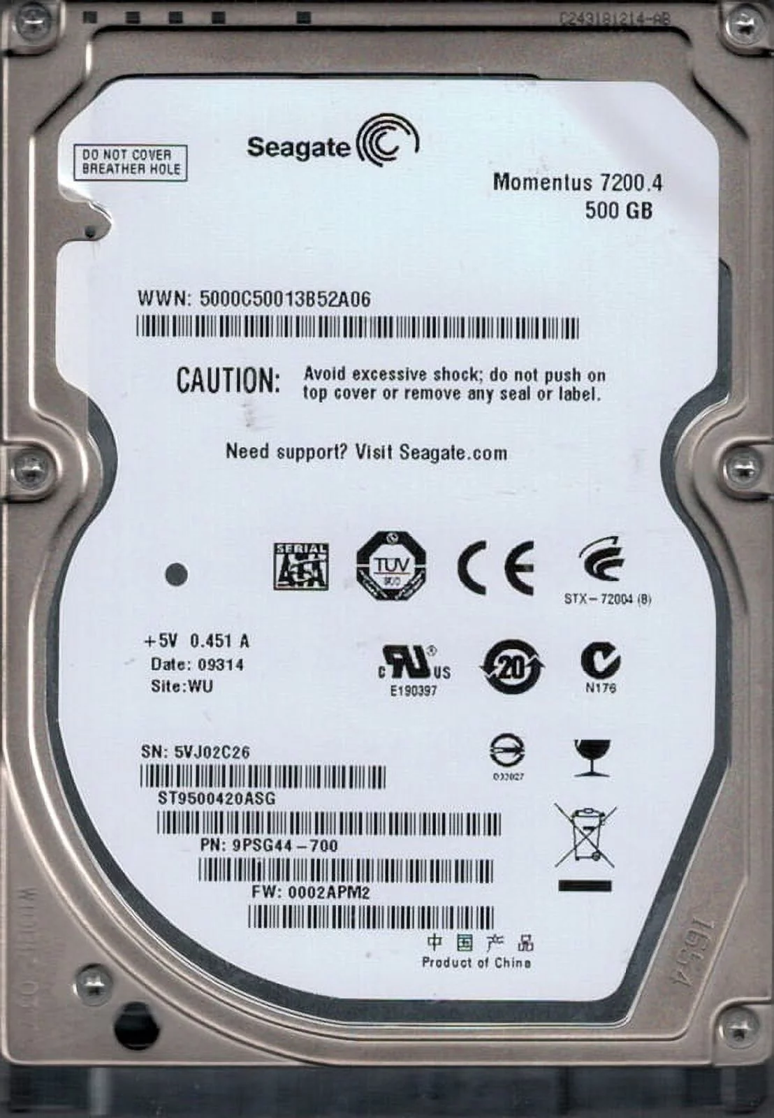 ST9500420ASG P/N: 9PSG44-700 F/W: 0002APM2 WU 5VJ Seagate 500GB