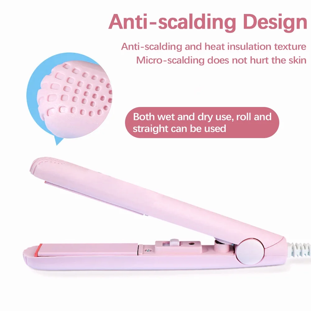 2 in 1 Mini Hair Straightener Hair Flat Iron Ceramic Tourmaline Plate Beauty Flat Iron Heating Curler，Blue