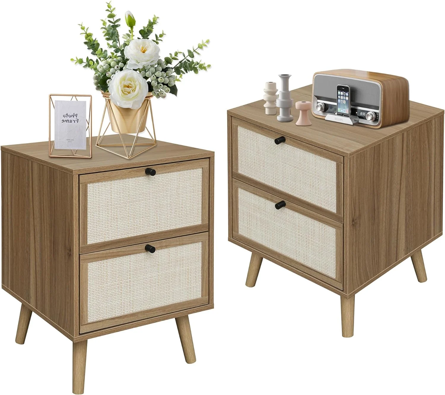 Rattan Nightstand Set of 2, End Table Rattan Bedside Table Side Table with 2 Hand Made Rattan Decorated Drawers Wood Accent Table with Storage 2-Drawer for Bedroom, Living Room, Walnut 2 Pack