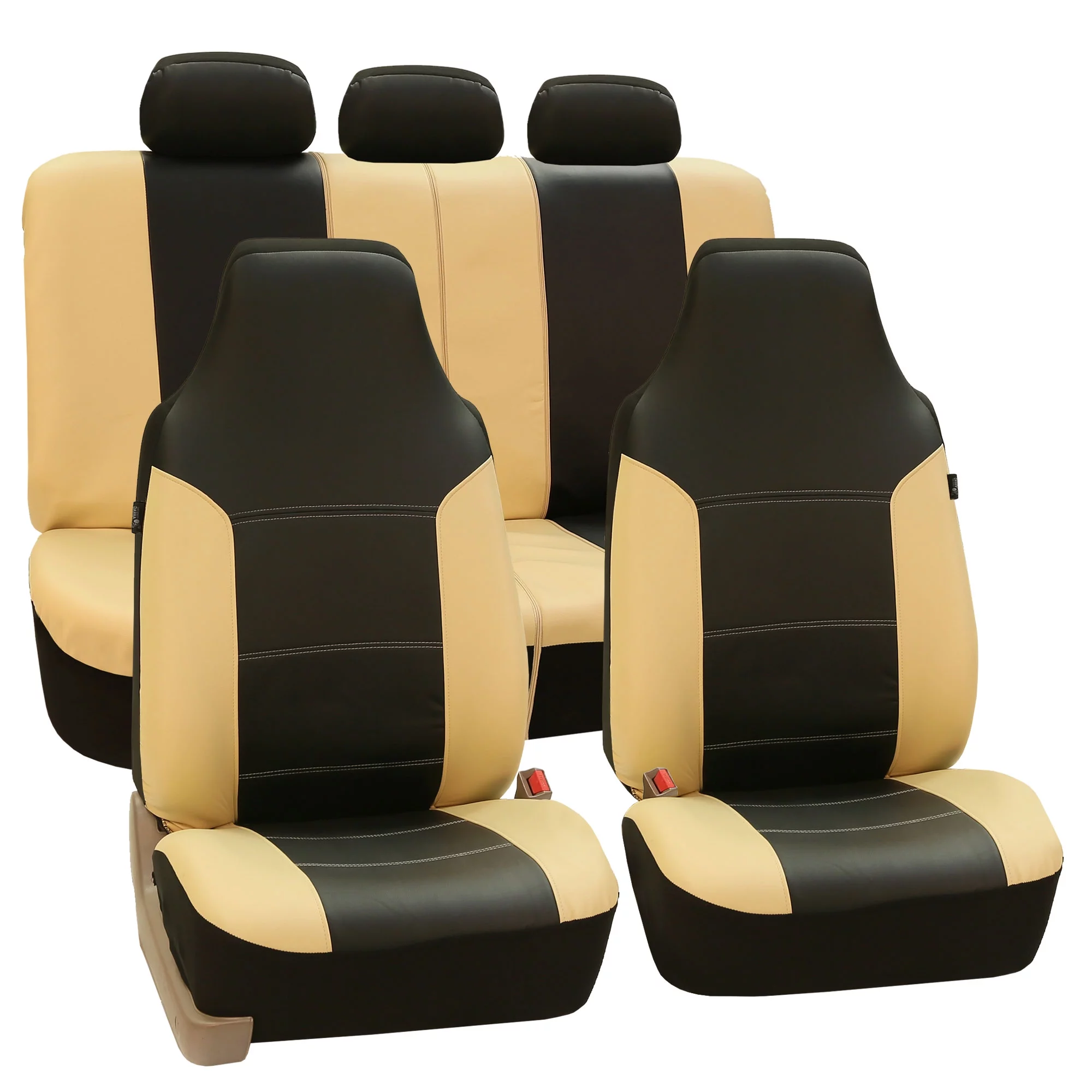 FH Group Royal Leather Car Seat Covers for Highback Seat Auto, Full Seat Covers Set with Tissue Dispenser, Beige Black
