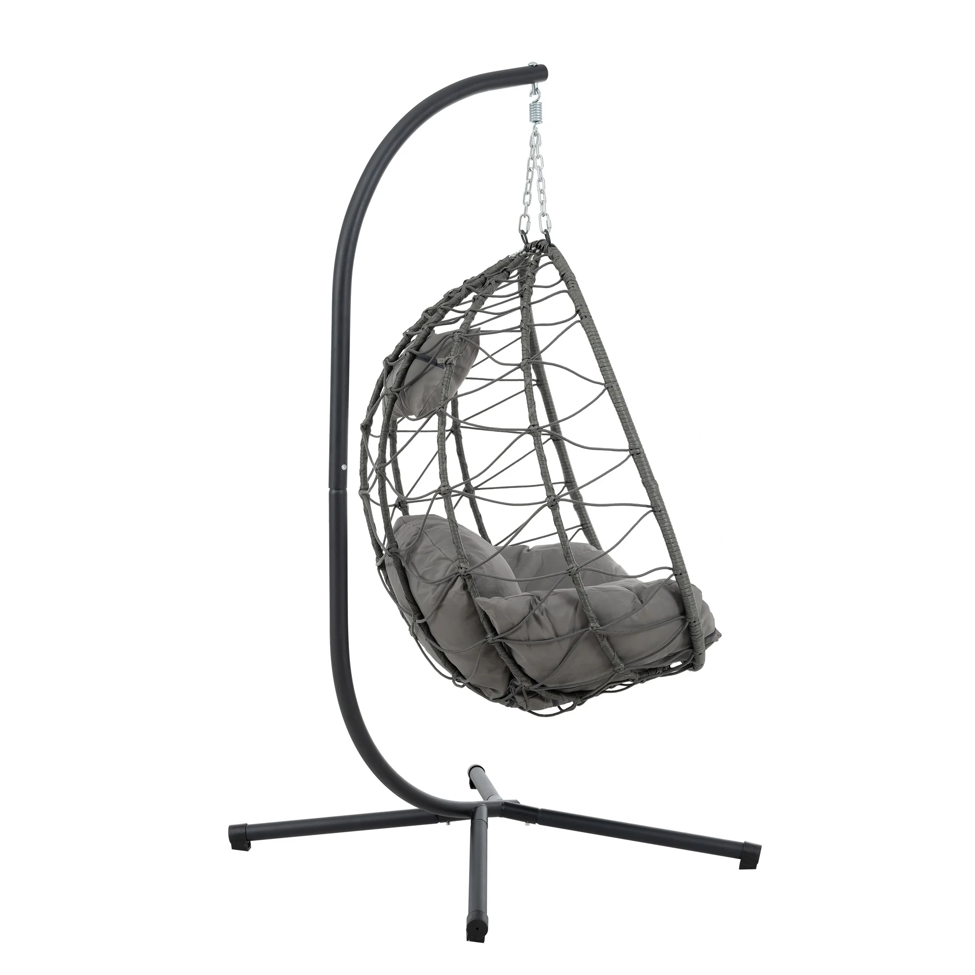Patio Wicker Hanging Egg Chair with Stand - Brown Wicker, Grey Cushion