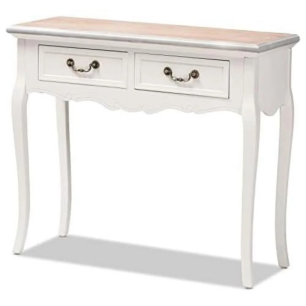 Capucine Antique French Country Cottage Two Natural Whitewashed Oak And White Finished Wood 2-Drawer Console Table