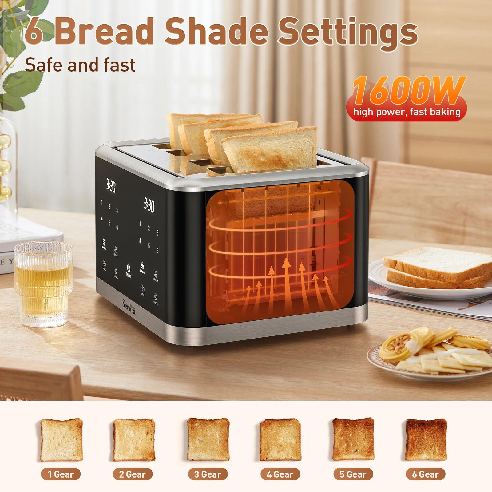 Secura 4-Slice Toaster Extra Wide Slots Toaster Touch Screen Toaster with Dual Control Panels of 6 Shade Settings Toaster Bagel Defrost and Reheat Digital Timer Toaster