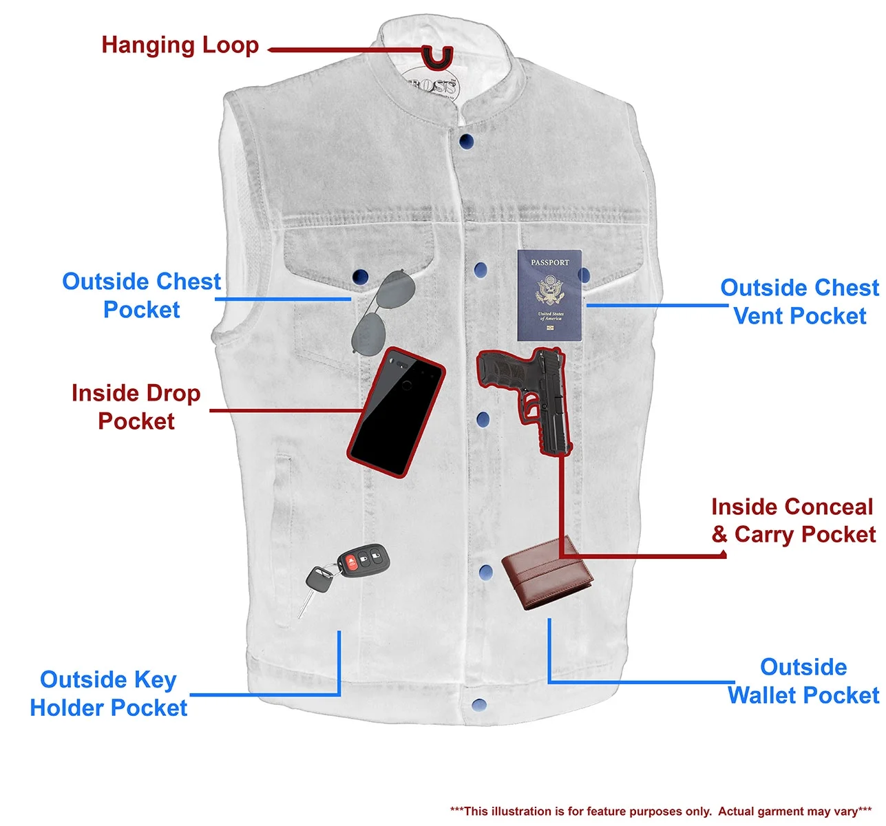 M Boss Motorcycle Apparel Apparel BOS13520 Men's Blue Denim Snap Front Club Style Motorcycle Rider Vest Large