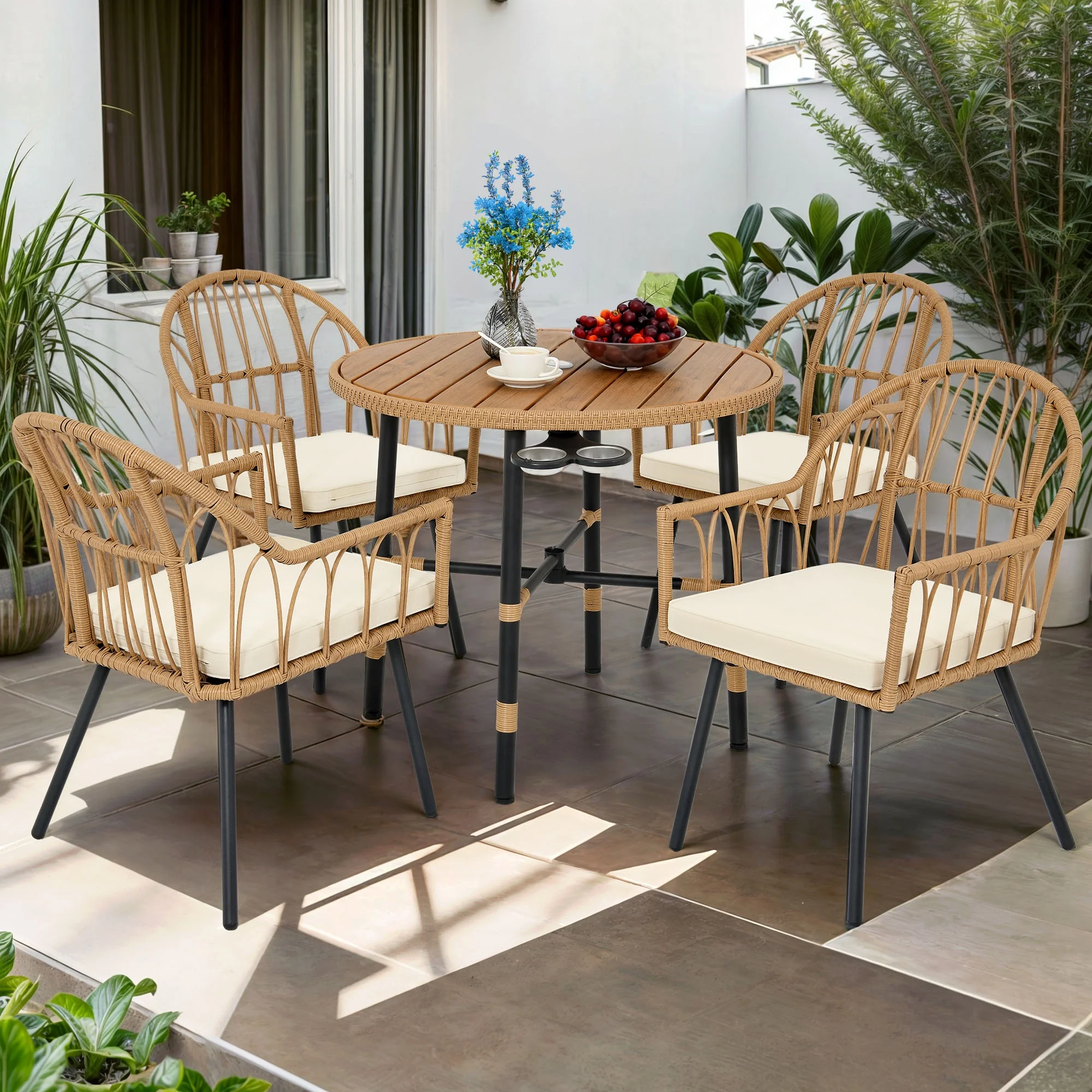 ModFusion 5-Piece Outdoor Indoor Patio Furniture Rattan Dining Table Set, 4 Wicker Patio Dining Chairs & Dining Table with Umbrella Hole, Beige