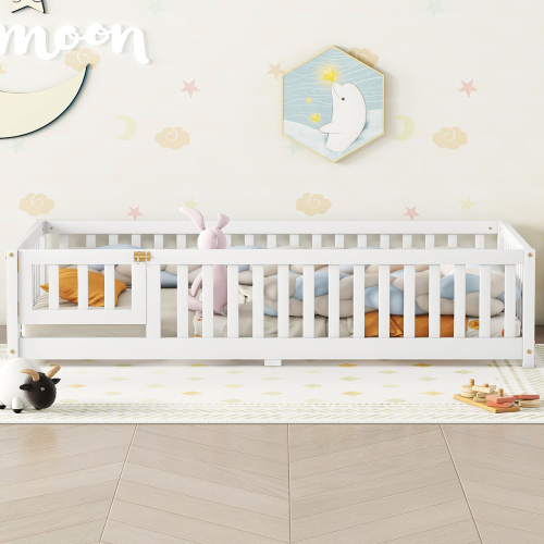 Twin Size Floor Bed for Kids, Wood Twin Montessori Bed Frame with Fence Guardrails and & Support Slats, Twin Playhouse Bed with Door Design, Kids Fence Bed Playpen Bed for Toddler, Boys ,Girls