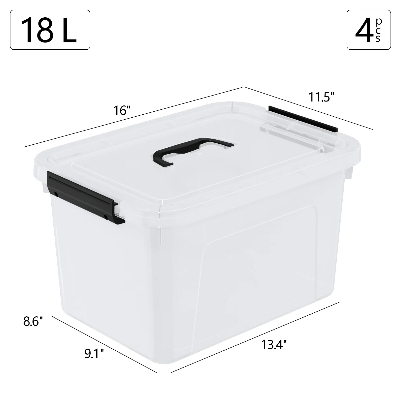 Parlynies Set of 4 Plastic Storage Box with Lid, 18 L Latching Storage Containers Bin, Clear