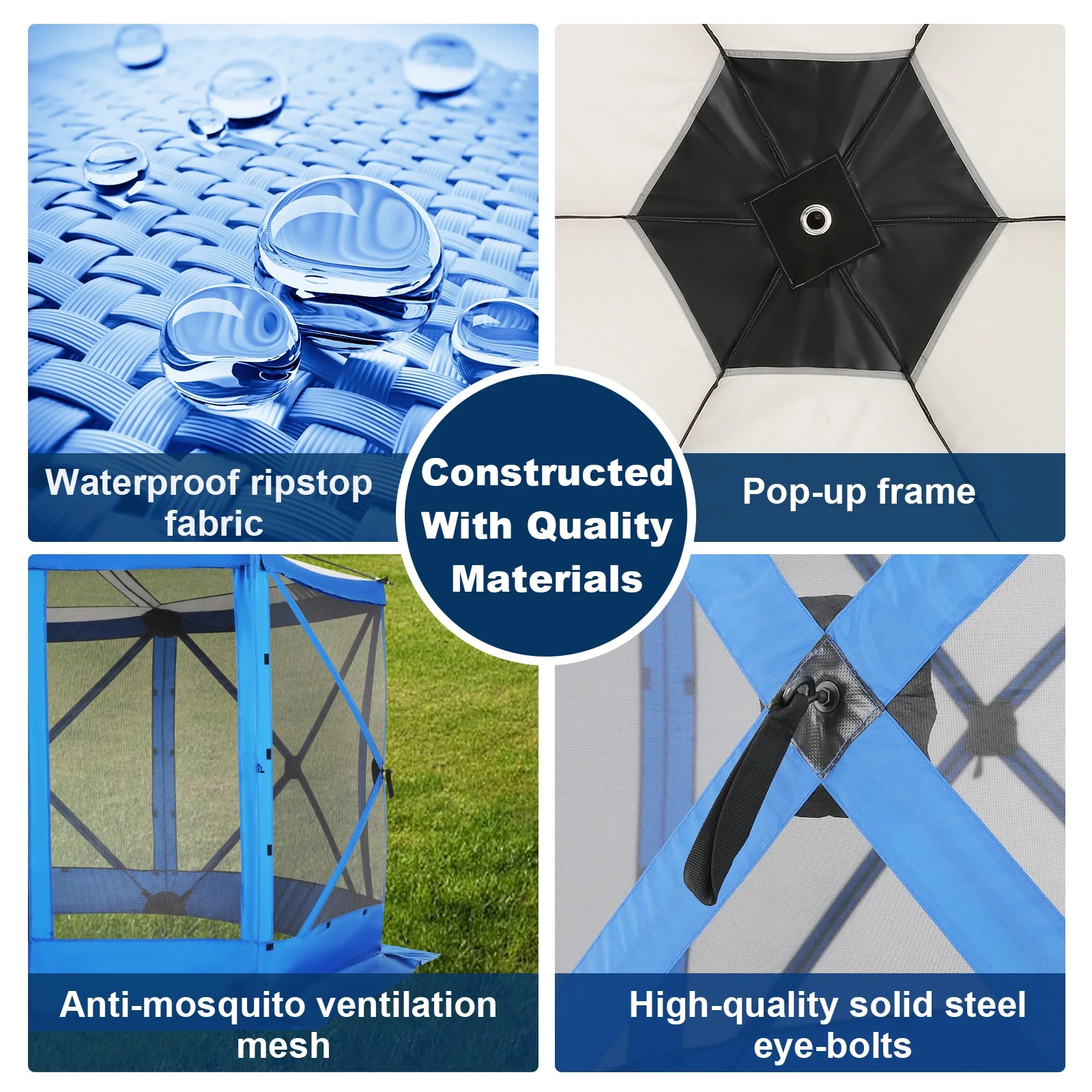 Hoteel 12x12 Pop Up Gazebo Propped-up Canopy Camping Tent with Mosquito Nettings, Waterproof, UV 50+ Resistant, Hub Tent Instant Screened Canopy with Mesh Windows, Carry Bag & Ground Stakes, Blue