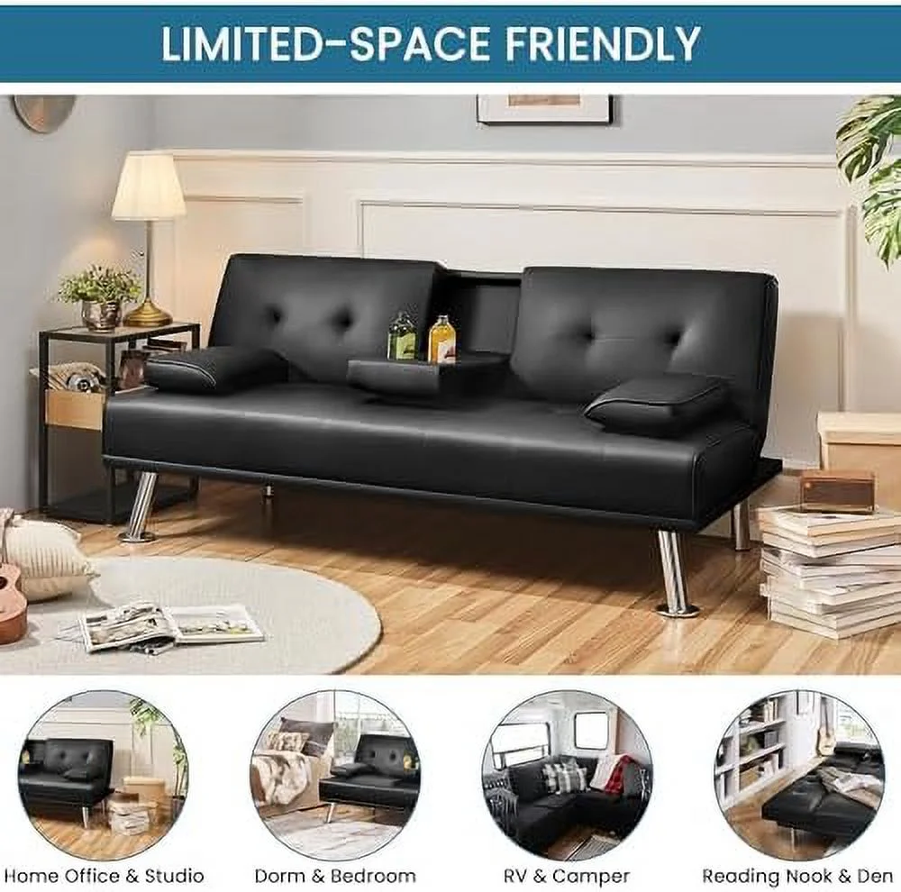 TJCGDTY Convertible Sofa Bed Adjustable Couch Sleeper Modern Faux Leather Home Recliner Reversible Loveseat Folding Daybed Guest Bed  Removable Armrests  Cup Holders  3 Angles  772lb Capa