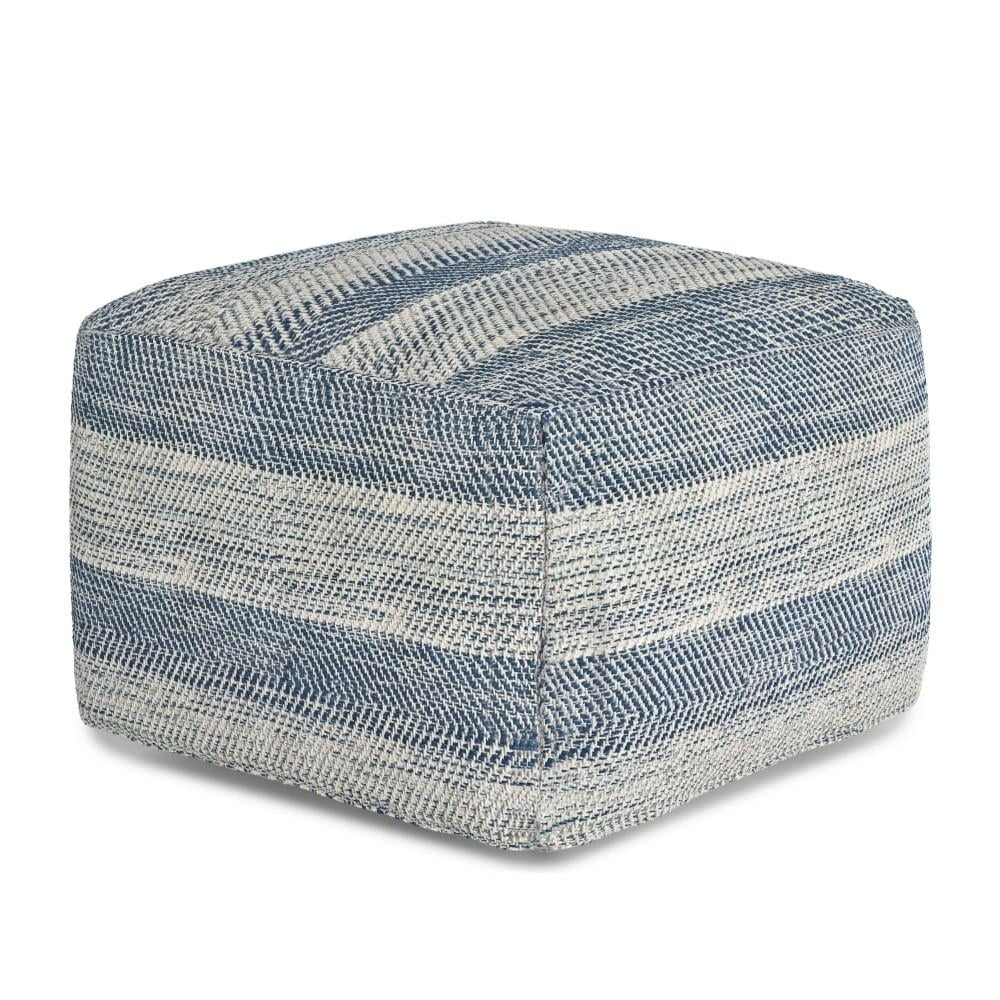 Simpli Home Clay Boho Square Pouf in Patterened Teal Melange Cotton
