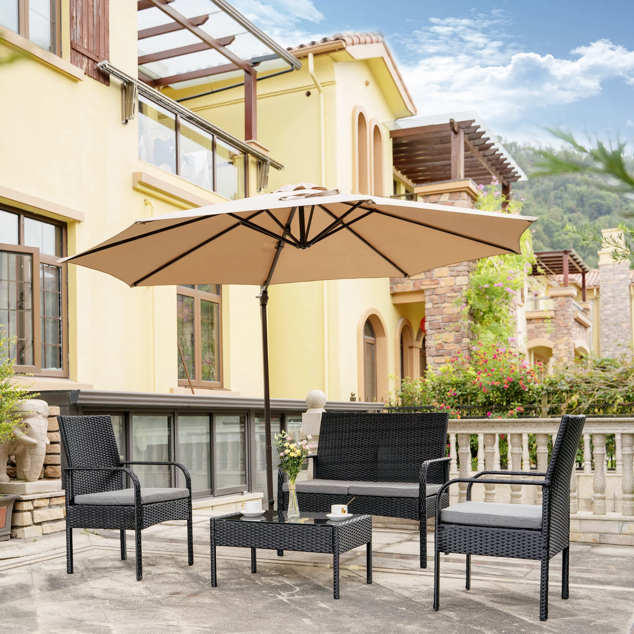 WestinTrends Roadhill 4 Piece Wicker Patio Furniture Sets, All Weather PE Rattan Wicker Loveseat Patio Conversation Sets with Tempered Glass Coffee Table, Black and Gray