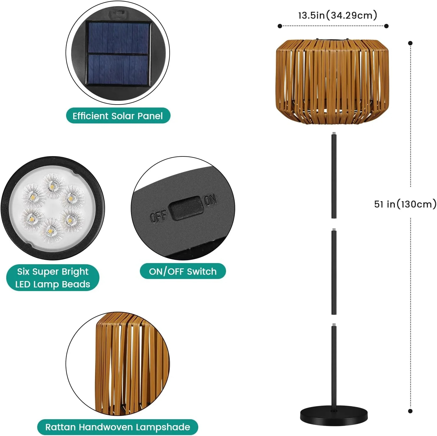 LIANMEI Solar Outdoor Lights Floor Lamp - Cordless Floor Lamp - Solar Rattan Lamp for Patio, Porch, Garden, Decks, Living Room, Bedroom, Outdoor Spaces（Bamboo）