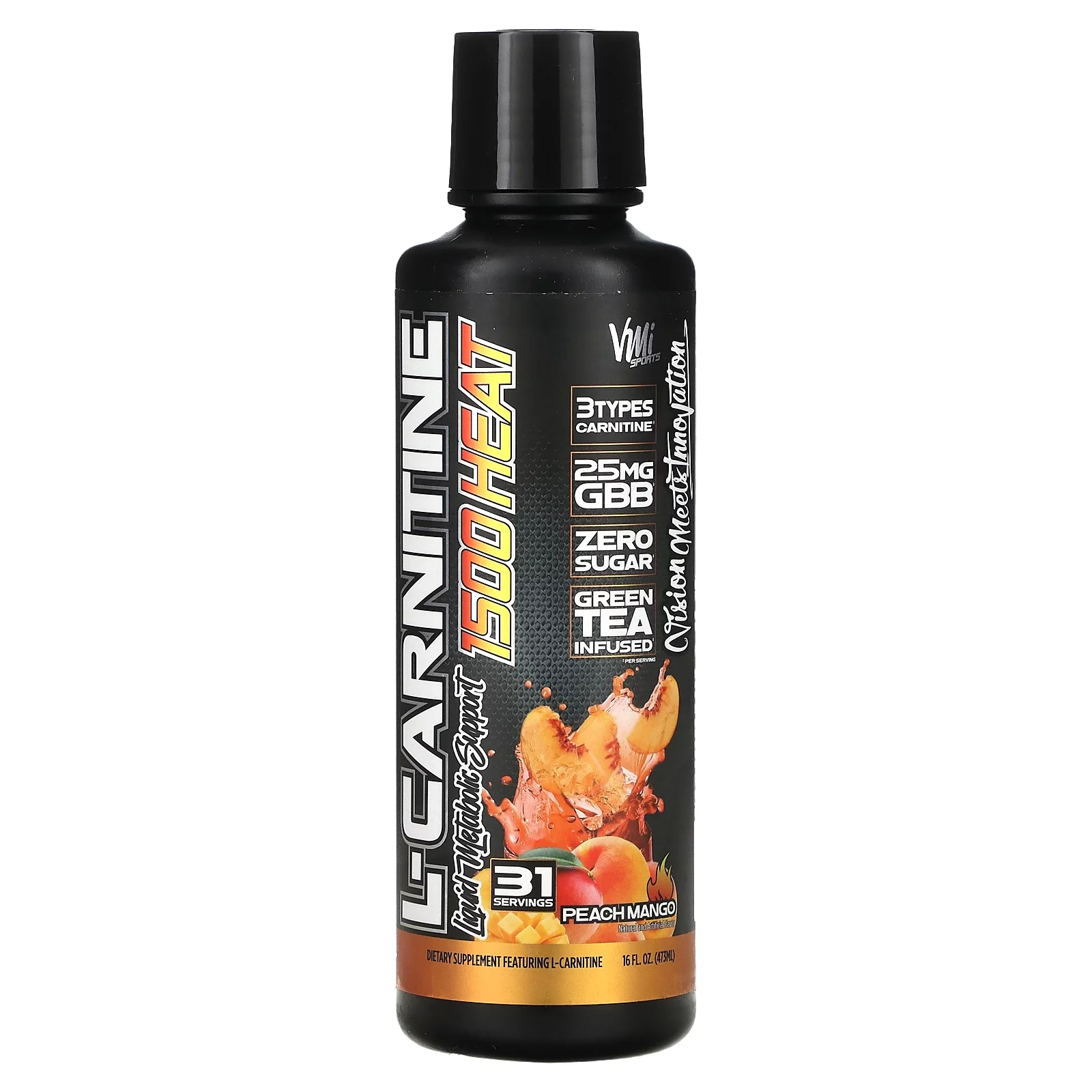 VMI Sports L-Carnitine 1500 Heat Stimulant Free Thermogenic Metabolic Support & Fat Loss for Men & Women | 1500mg L-Carnitine | Convenient Liquid (Peach Mango)