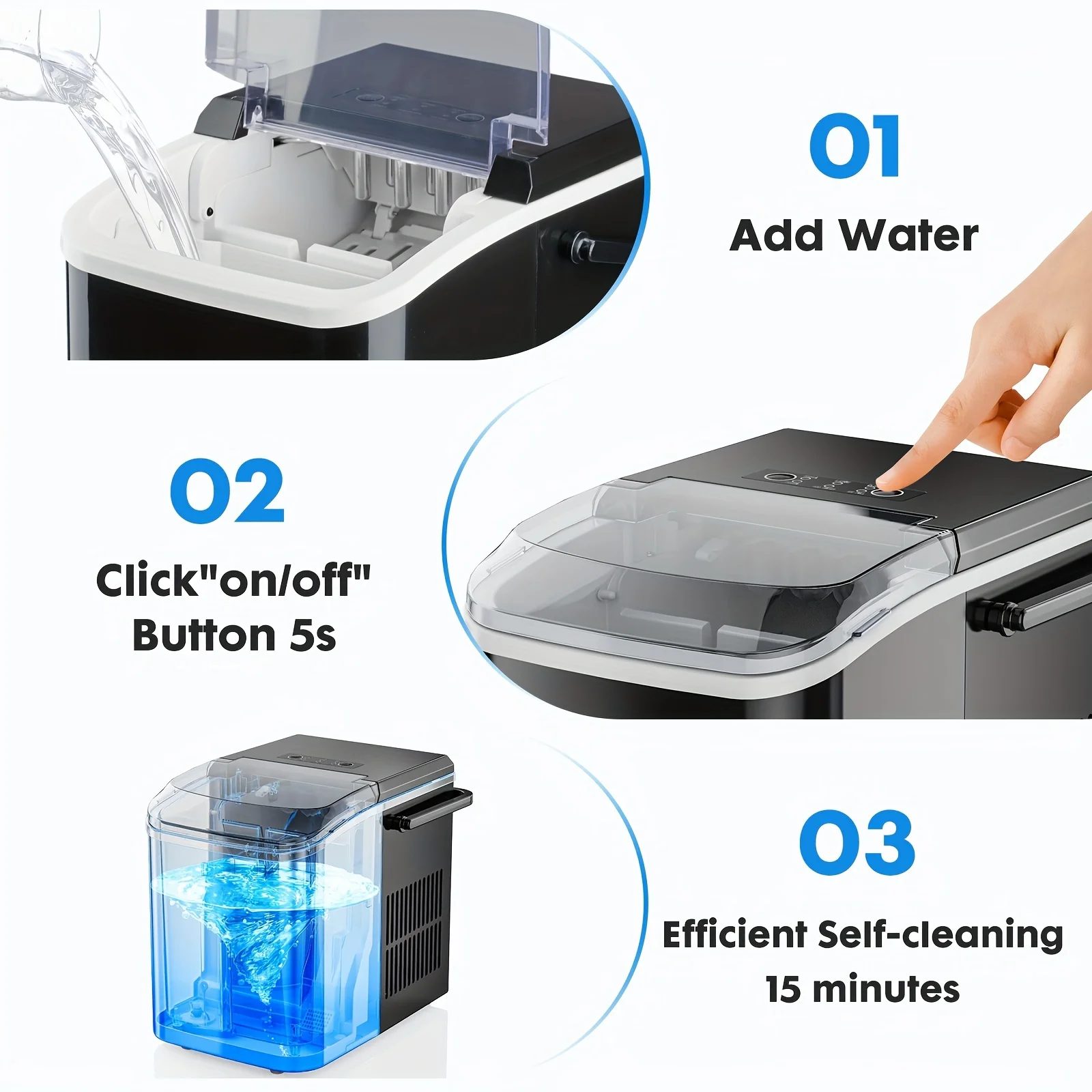 Countertop Ice Maker, Portable Ice Machine Self-Cleaning, 9 Cubes In 6 Mins, 26.5lbs/24Hrs, 2 Sizes Of Bullet Ice, With Ice Scoop, Basket And Handle, Ice Cube Maker For Home Kitchen Party, Black