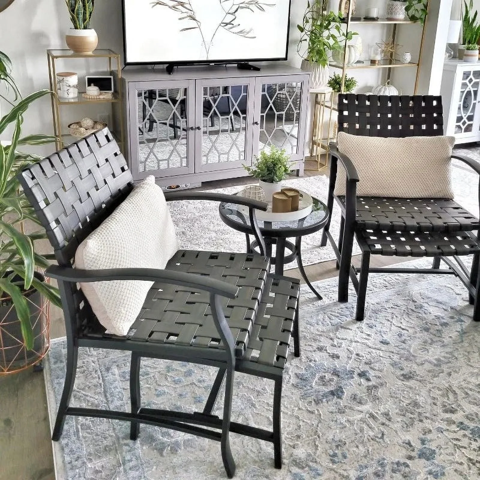 MF Studio 5 Pieces Patio Furniture Conversation Set with 2 Pieces Strapping Chairs, 2 Pieces Strapping Ottoman and 1 Piece