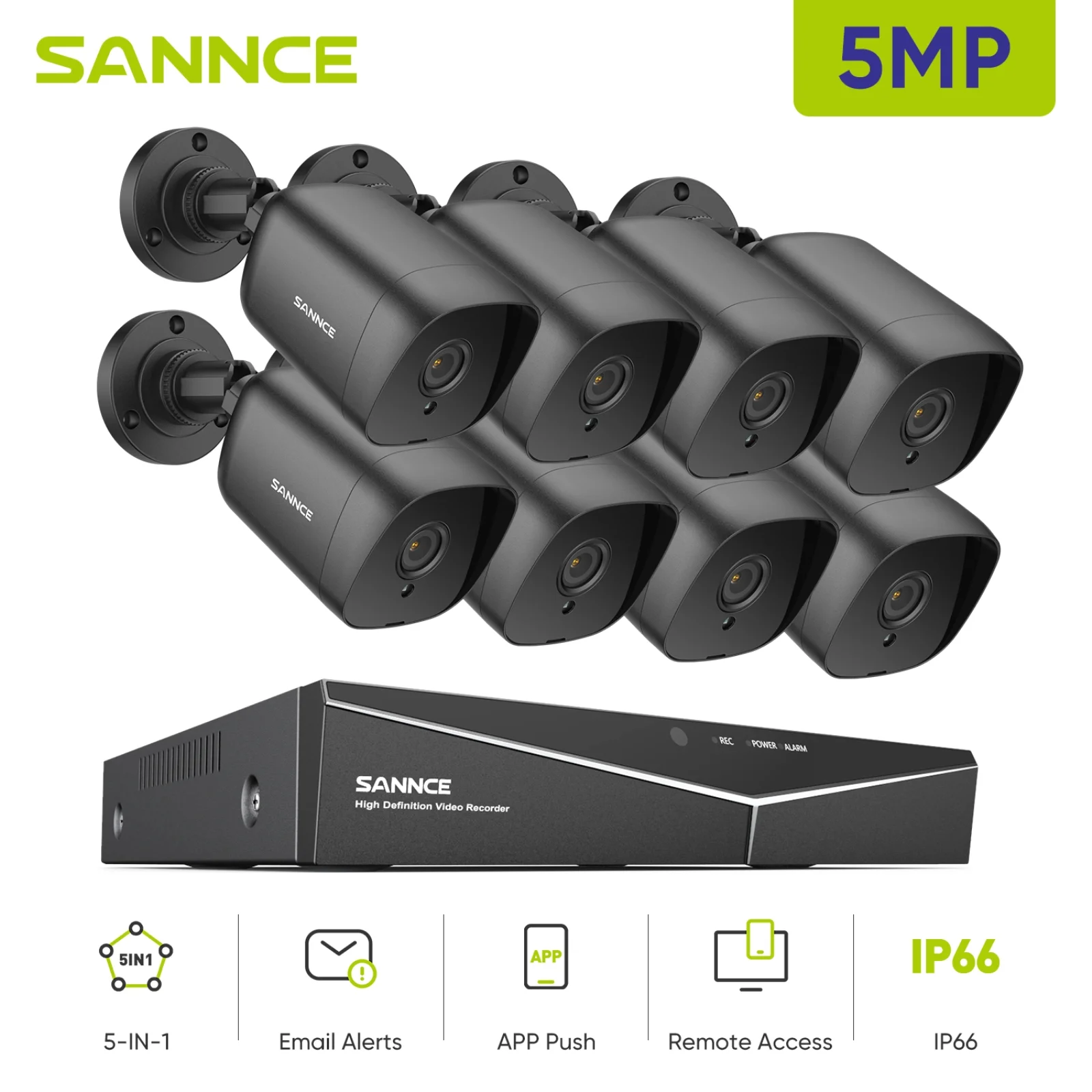 SANNCE 5MP 8Pcs Home Security Camera System, 8CH 5in1 Surveillance DVR and 8 x 5MP Weatherproof CCTV Dome IP Camera Outdoor Indoor with Infrared Superior Night Vision, Motion Alerts, NO Hard Drive