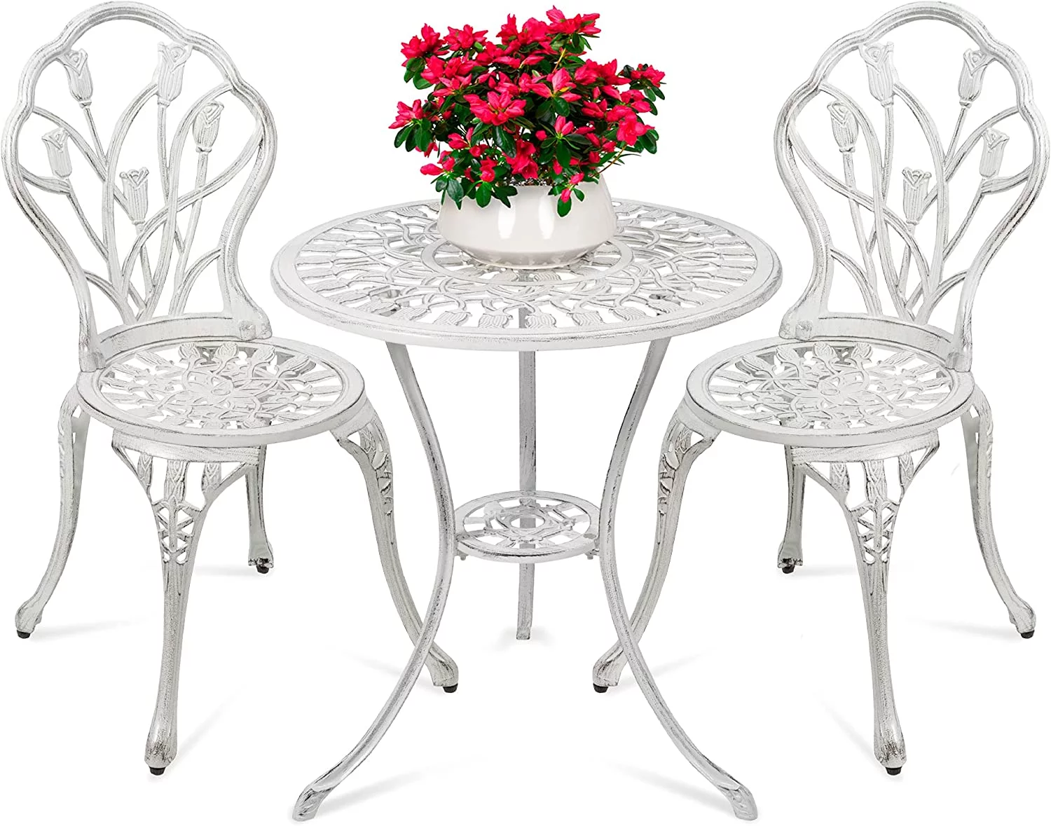 3-Piece Outdoor Rust-Resistant Cast Aluminum Patio Bistro Set w/Tulip Design, Antique Finish - White