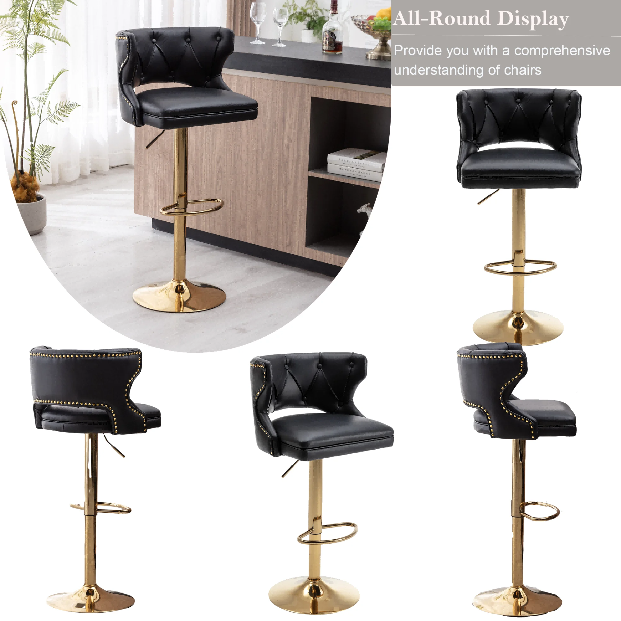 26-35 Inch Bar Stools, Counter Height Adjustable Swivel Barstools High Bar Chairs with Back & Golden Metal Base, Stools Chair with Footrest for Home Kitchen/Dining Room/Cafe(Black,Set of 2)