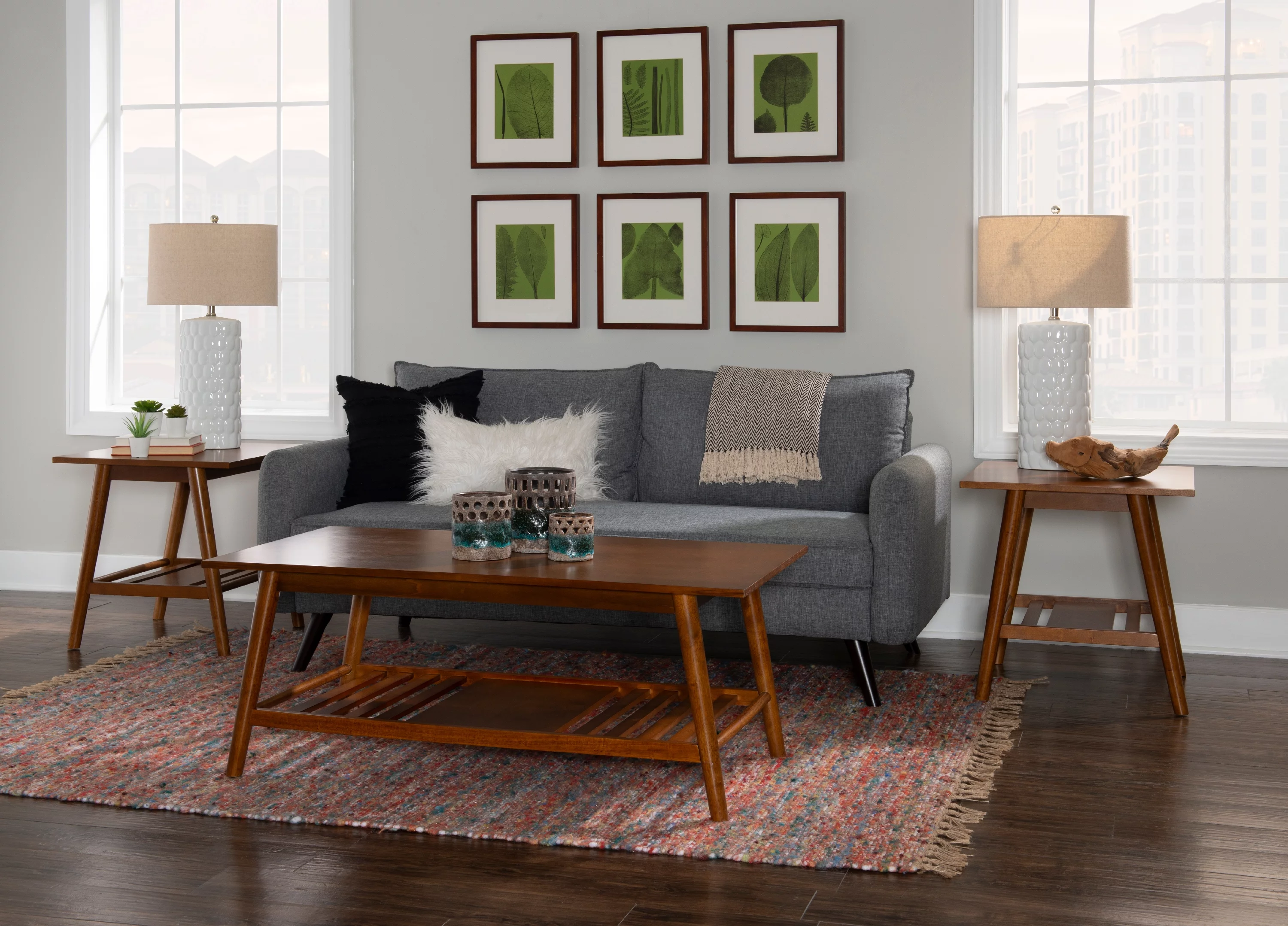 Linon Ashville 3-Piece Mid-Century Coffee and End Table Set, Walnut Finish