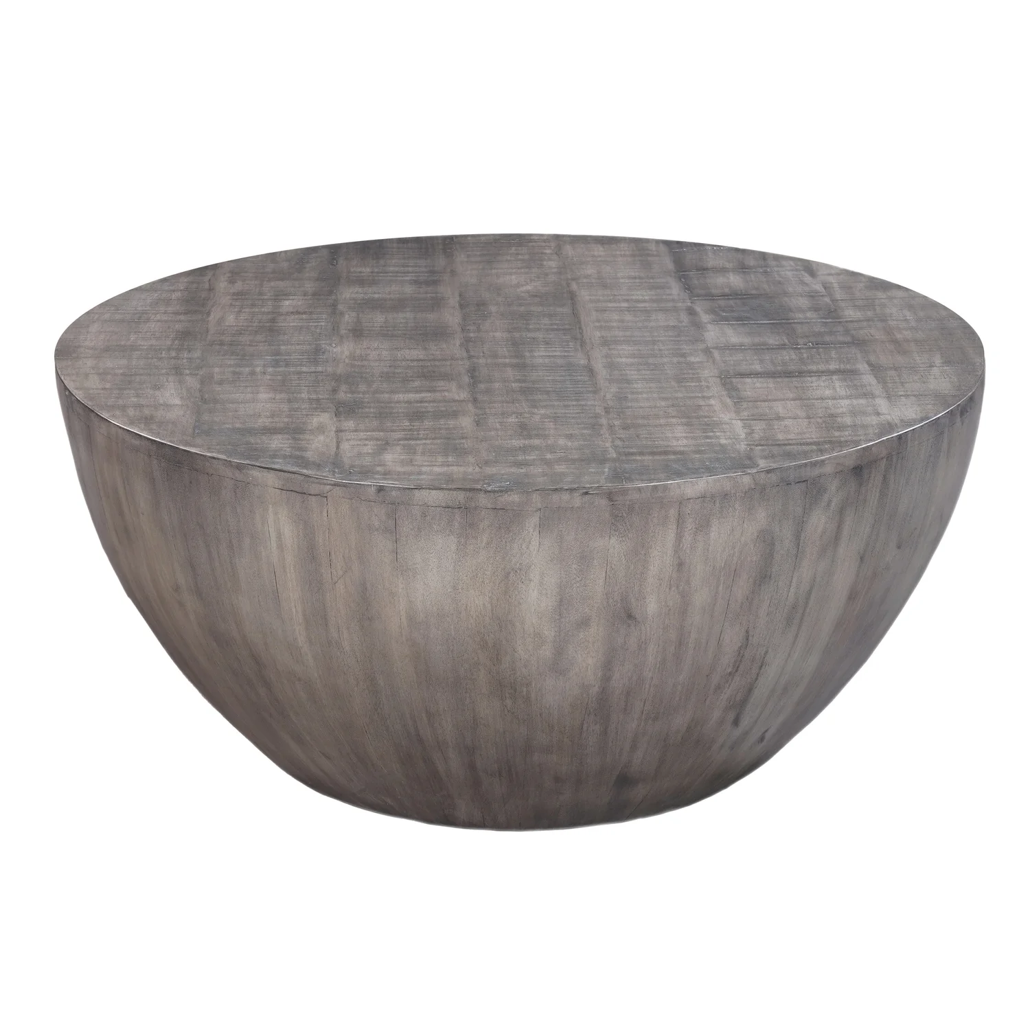 The Urban Port 36 Inch Round Coffee Table, Handcrafted Drum Shape, Mango Wood with Olive Gray Finish