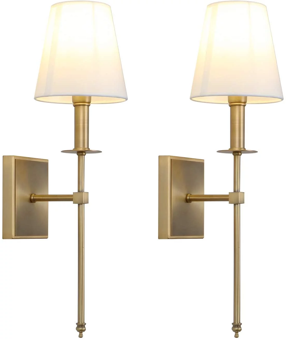QINBI Set of 2 Classic Rustic Industrial Wall Sconce Lighting Fixture with Flared White Textile Lamp Shade and Antique Brass Tapered Column Stand