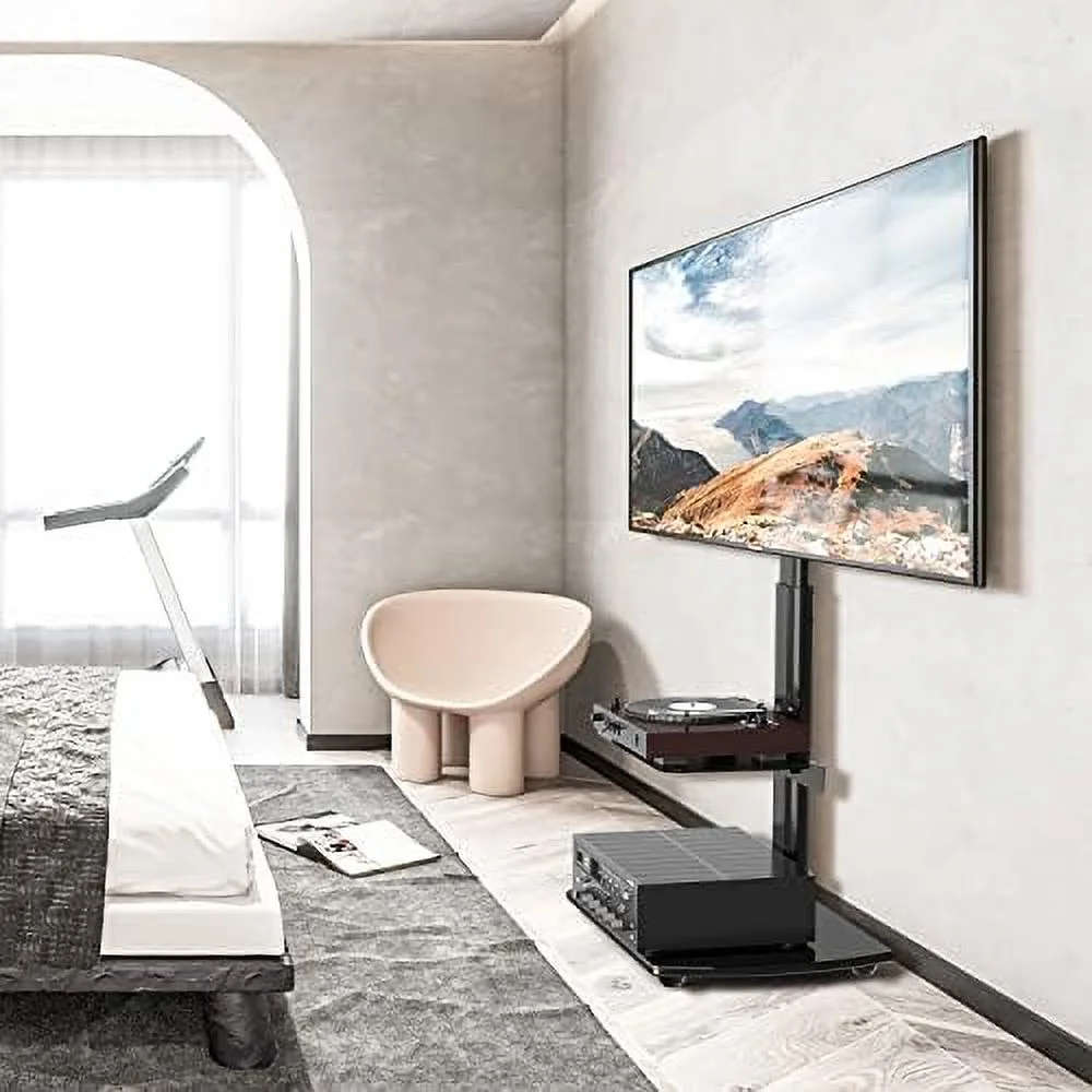 SQSFCB Universal TV Floor Stand with 3 Media Shelves for 27 32 37 42 47 50 55 65 70 inch  or Curved Screens TVs  Tempered Glass Base with Swivel Mount for Bedroom and Office  TV Stand  Bl