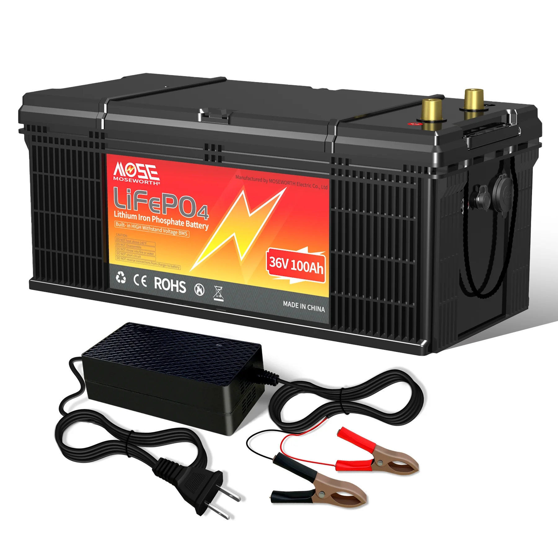 36V 100Ah LiFePO4 Battery,200A BMS,15000 Cycles,Low Temp Cut off,MOSEWORTH for Golf Cart,RV,Solar,Trolling Motor,off-Grid