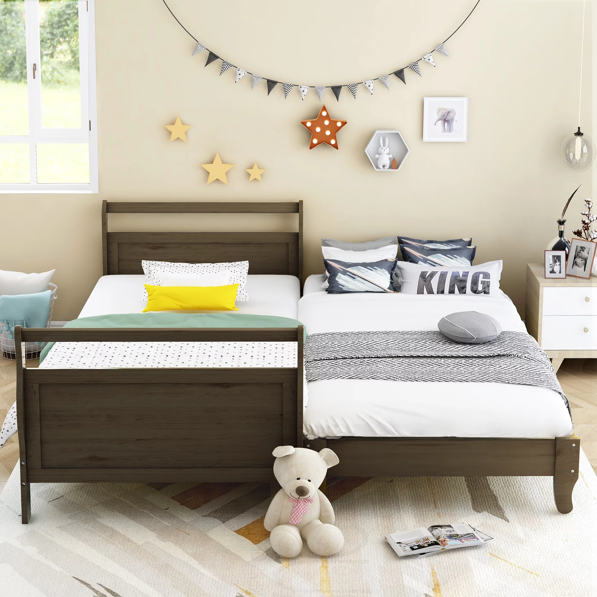 Wood Twin Platform Bed, Convertible King Bed for Kids and Adults, Natural