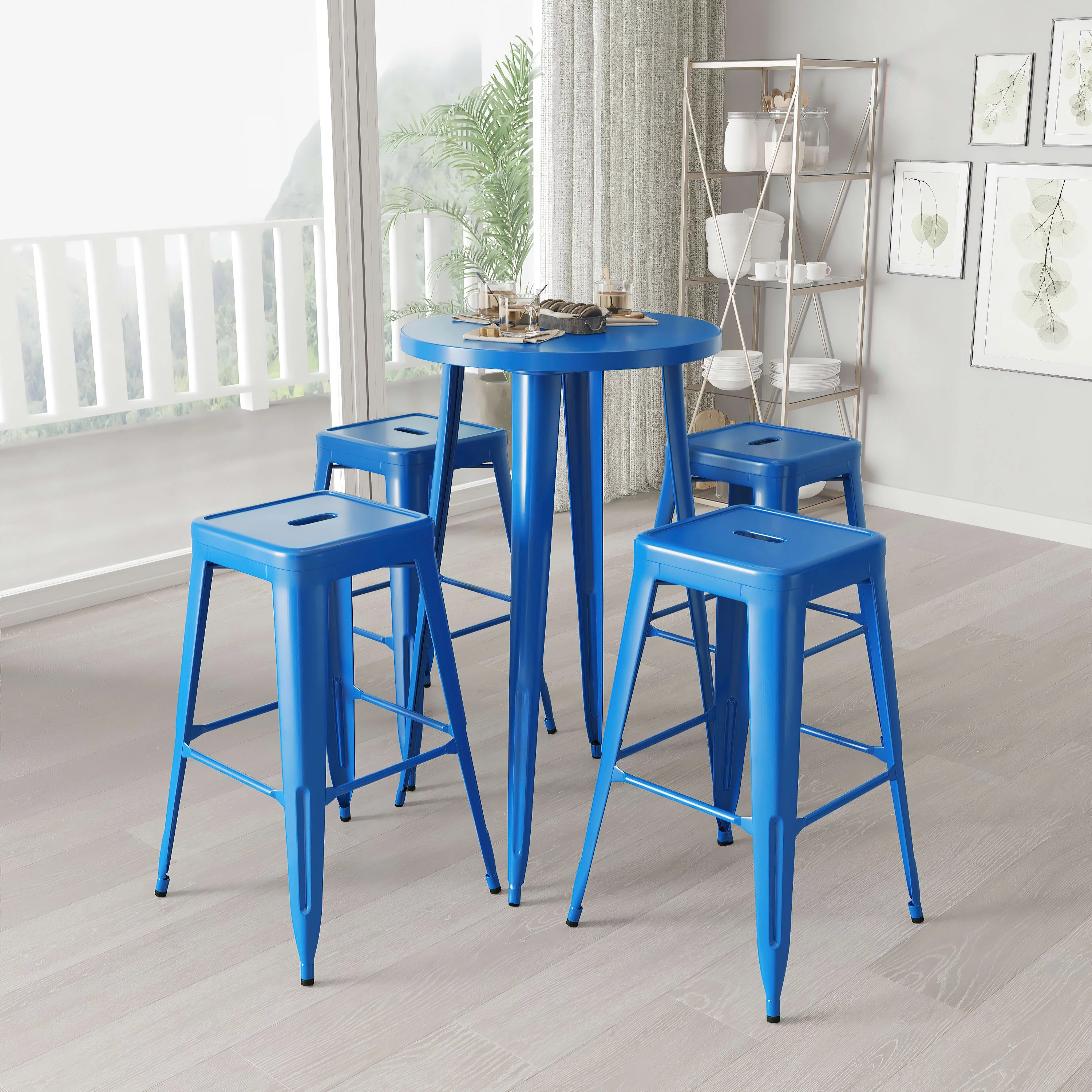 Merrick Lane 5 Piece Blue Patio Set with Table and 4 Backless Stools - Powder Coated Metal Frames for Indoor and Outdoor Use