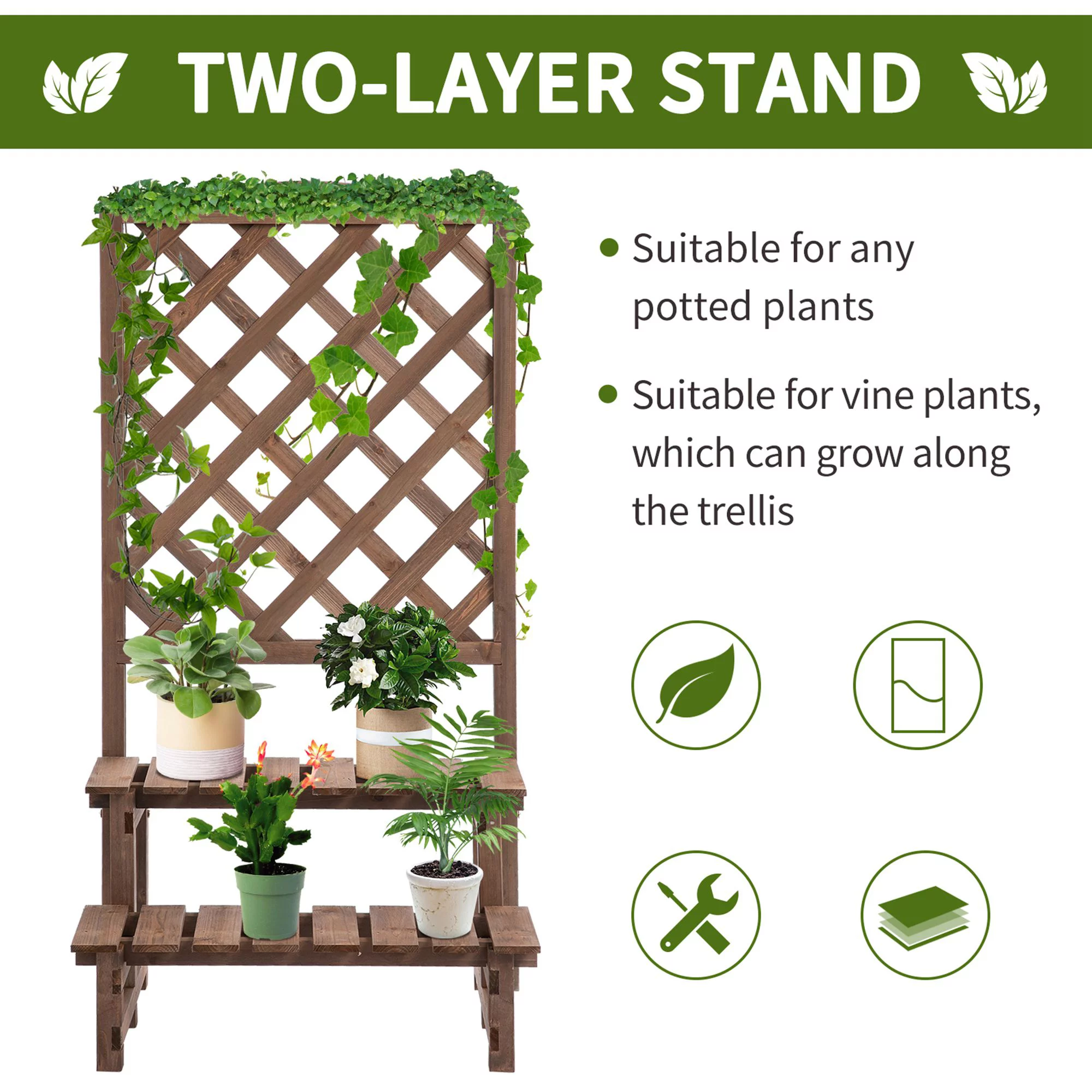 Outsunny 2-Level Wooden Garden Plant Stand with Climbing Vine Trellis, Brown