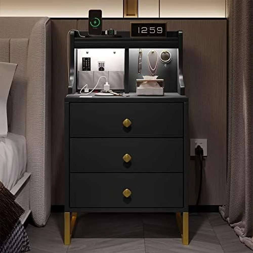 TJCGDTY LED Nightstand  with Charging Station  Modern Nightstand with Hutch & 3 Drawers  End Table with   Hooks  Bedside Table with Sensor Light  USB Ports and Outlets  Black and Gold