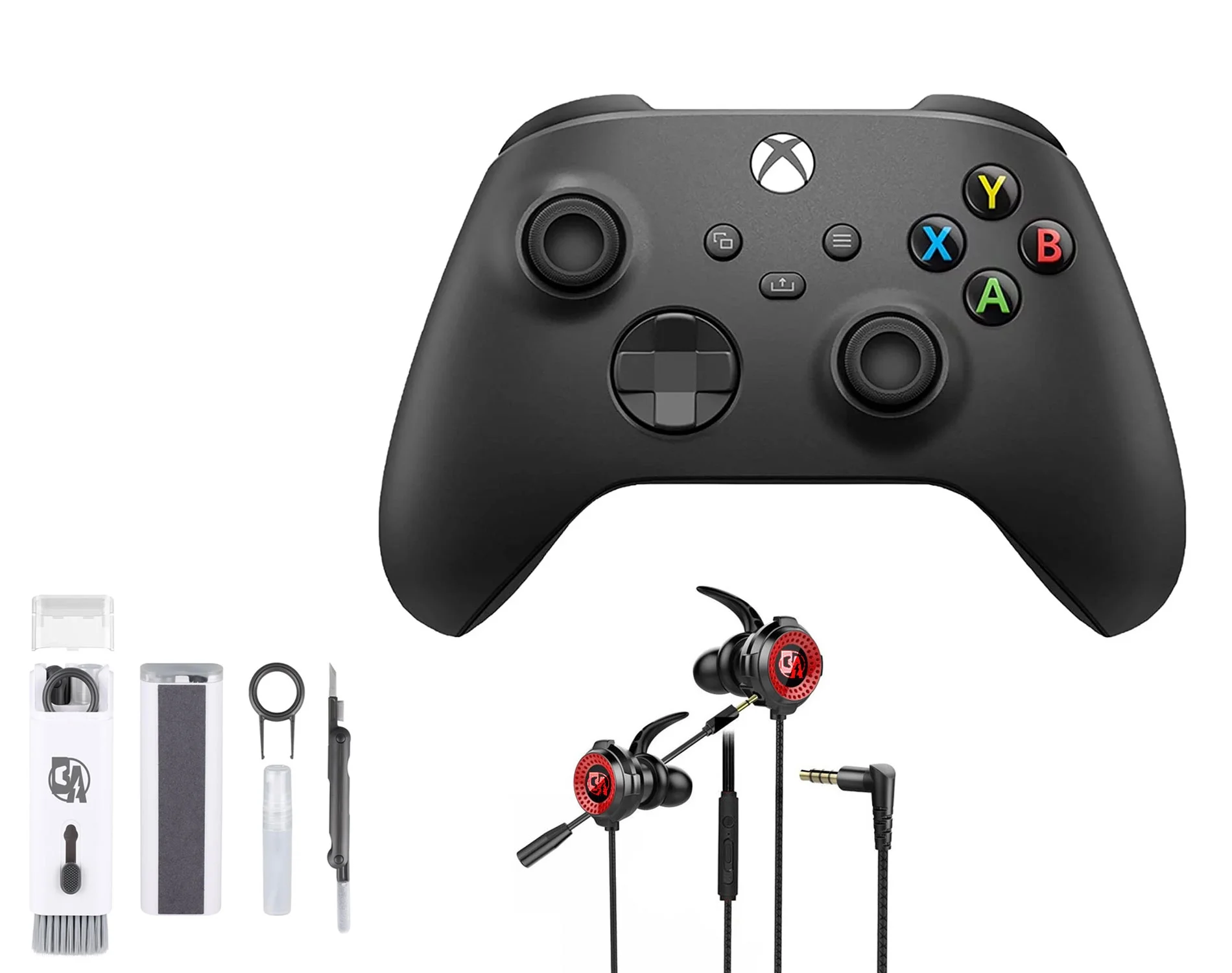 Microsoft Xbox Wireless Carbon Black Controller for Xbox Console + Wired Earbuds With Cleaning Kit BOLT AXTION Bundle Used