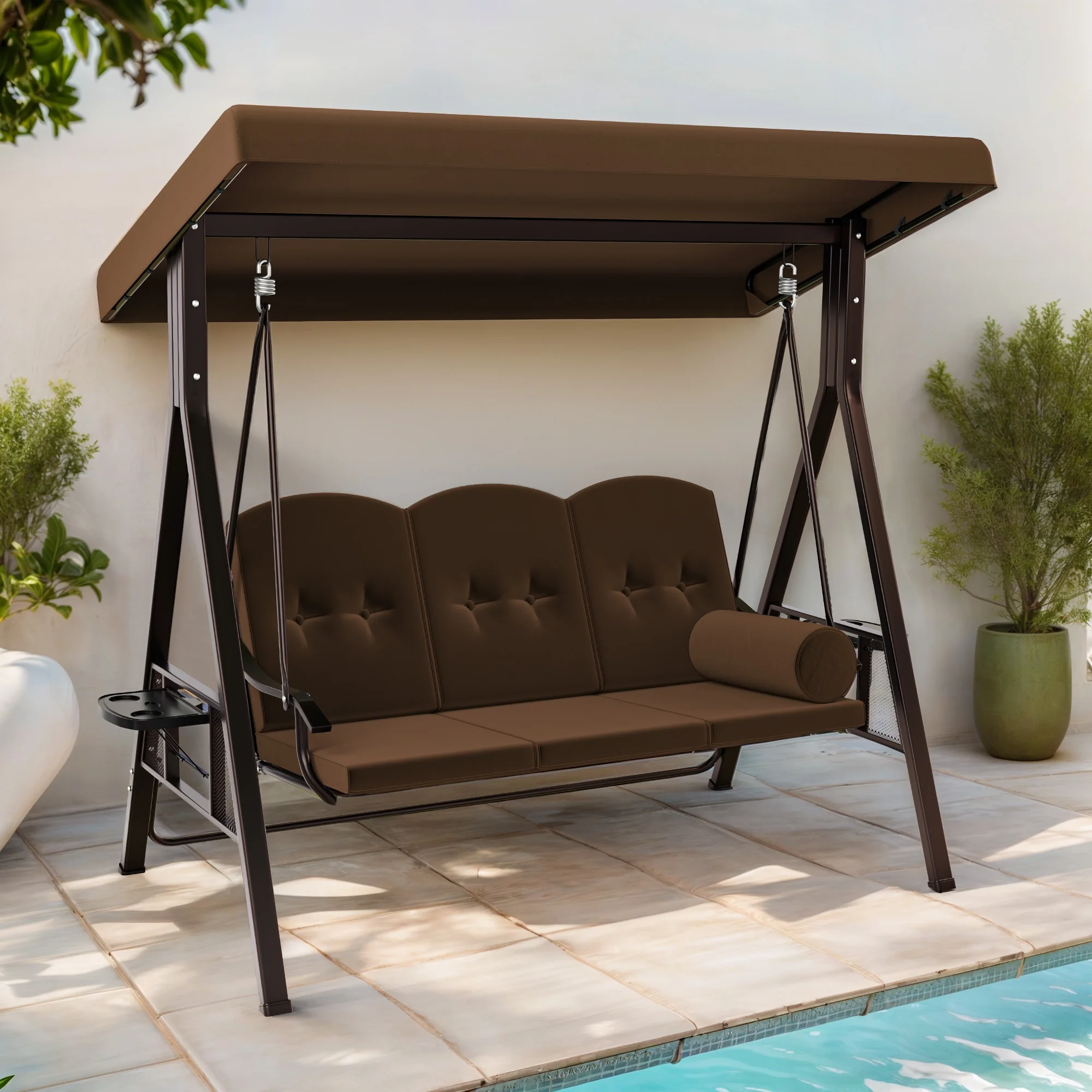 ModFusion 3-Seat Deluxe Porch Swing Heavy Duty Steel Frame Patio Swing Chair with Adjustable Canopy Removable Cushions Outdoor , Brown